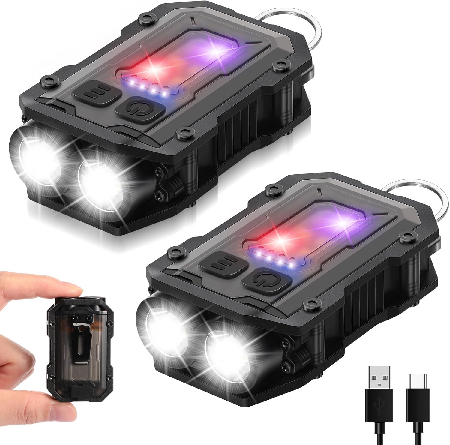 Rossesay 2 Pcs Mini EDC Flashlight Rechargeable Small Keychain Flashlight with White Red Blue Light, 800 High Lumens Pocket USB C LED Cob Portable Flash Lights with Clip and Magnet, 8 Modes