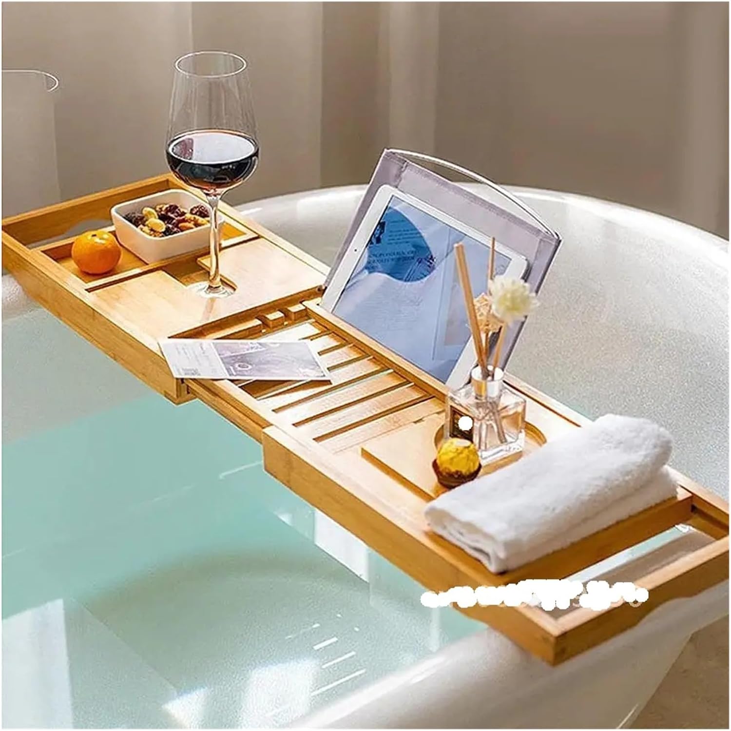 Bamboo Space Caddy Tray Adjustable Wood Bath Tub Organizer With Dish Cup Soap For Phone Book Shower Bathtub Slot Holder Wine