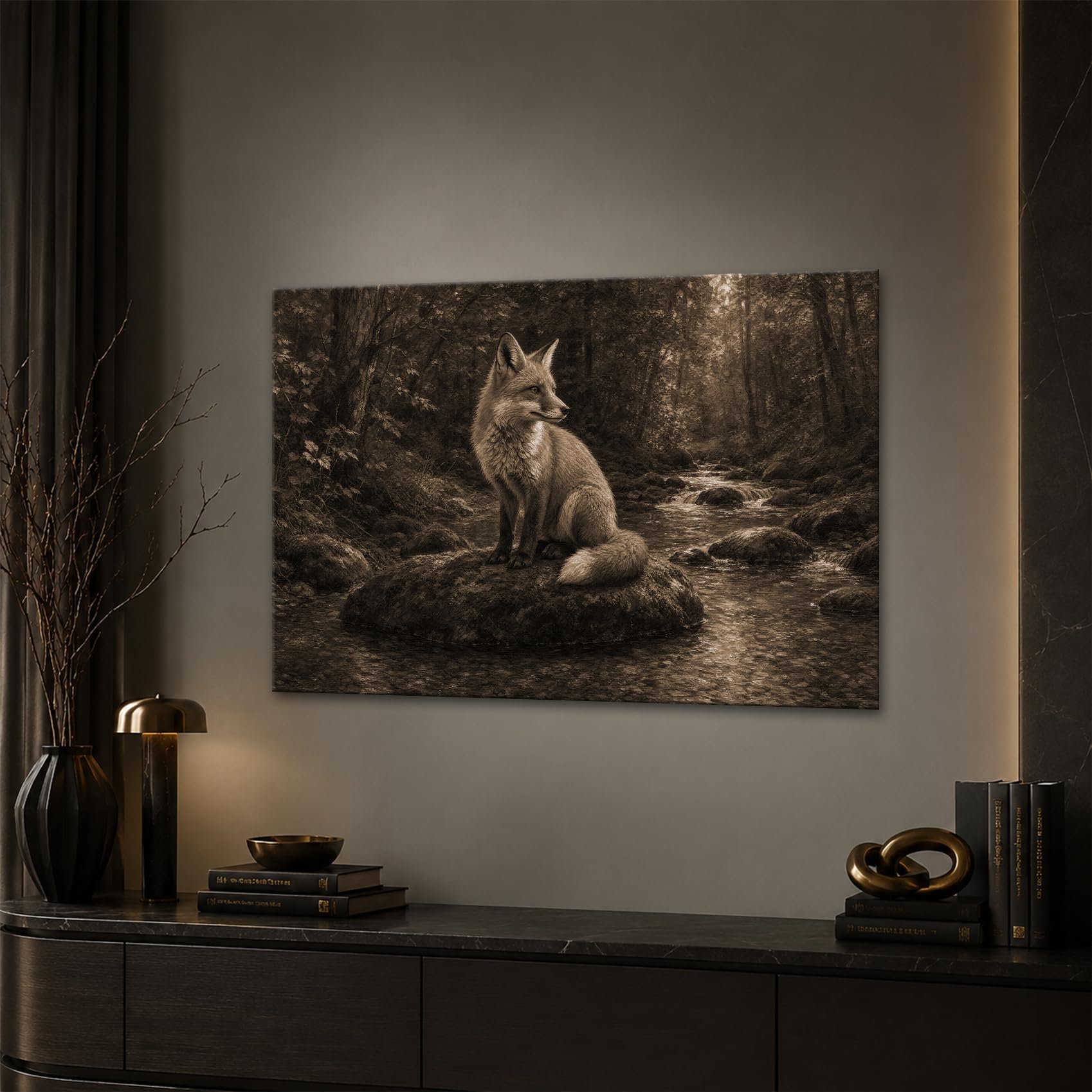 deyoli Obraz na płótnie lis siedzący na kamieniu w rzece lasu 70 x 50 cm Sepia