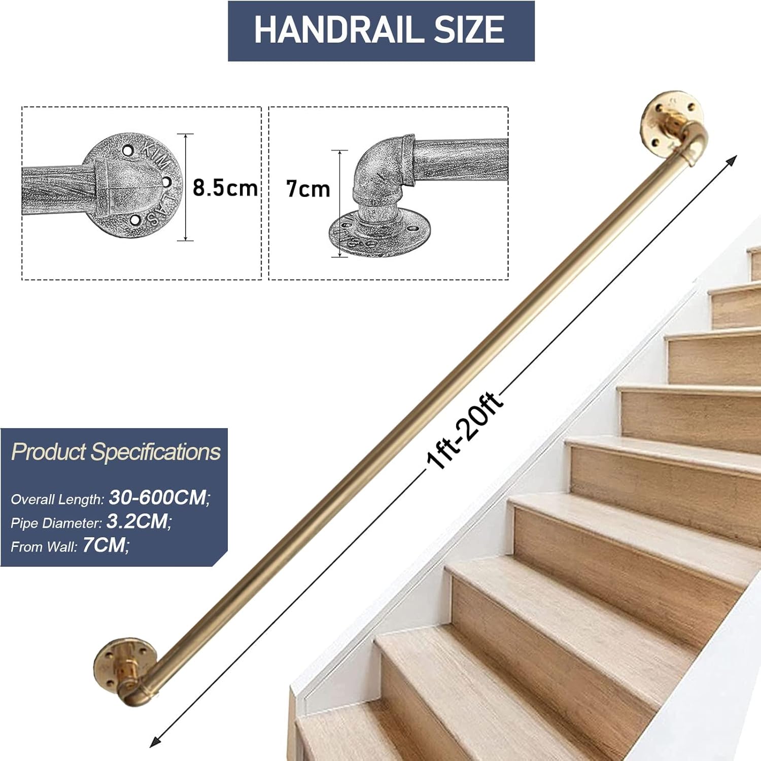 Drsyffsup Gold Metal Handrails 1ft-20ft Staircases Railing，Wall Mounted Hand Rails Banister for Indoor Stairs and Outdoor Steps，Bathroom Shower Handrail (Size : 16.4 FT)