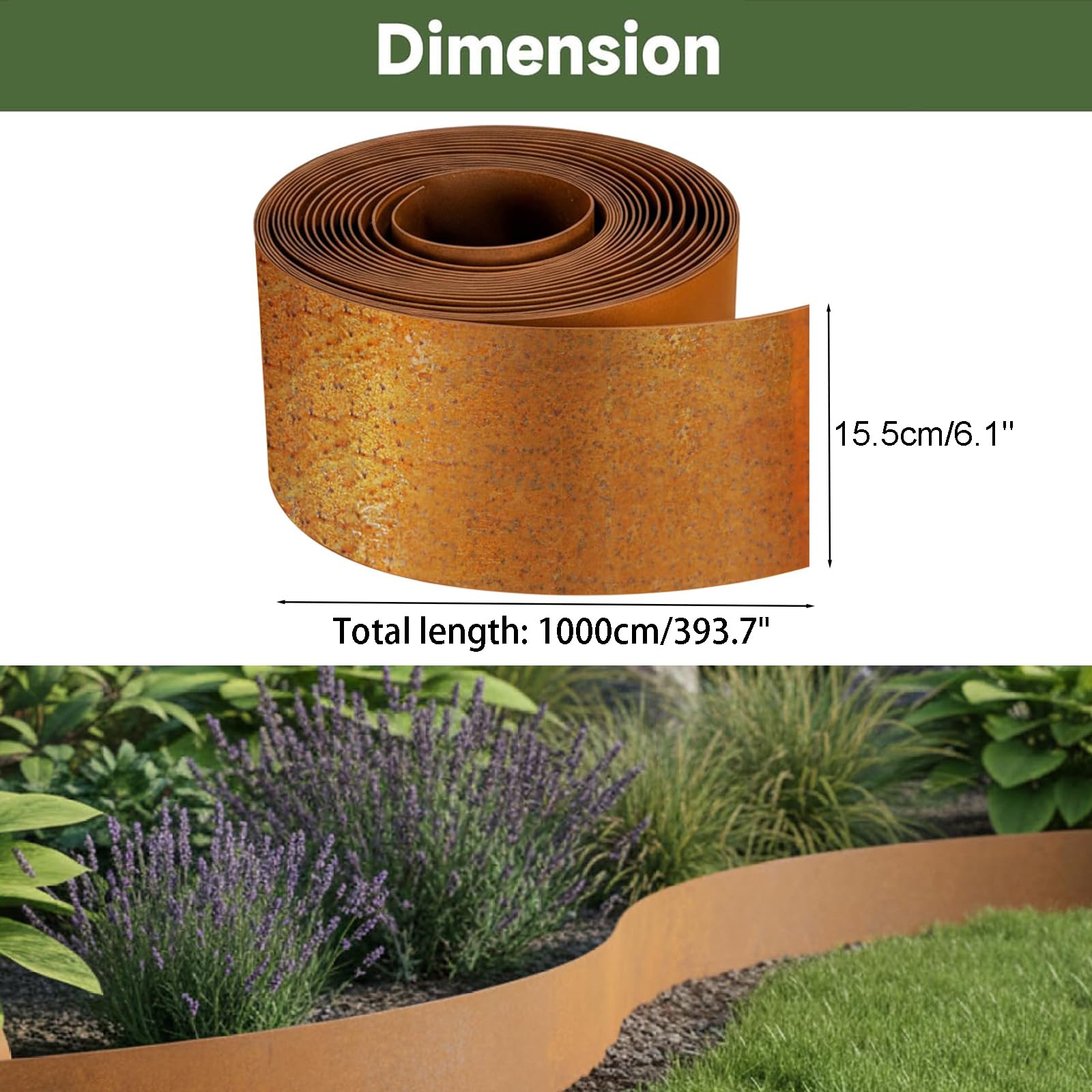 Bordure de pelouse - 10 m - Hauteur : 15,5 cm - Bordure de jardin en métal - Rouleau de bordure de pelouse - Flexible