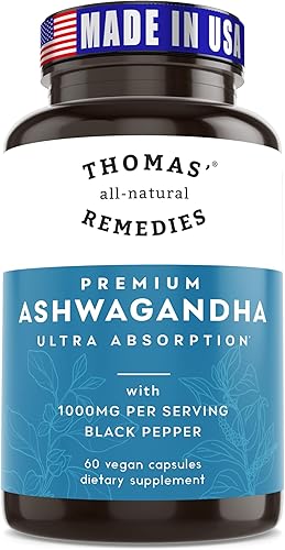 Thomas' all-natural Remedies Suplemento orgánico de apoyo para el estrés de Ashwagandha, apoyo al estado de ánimo y energía, Ashwagandha pura 1000