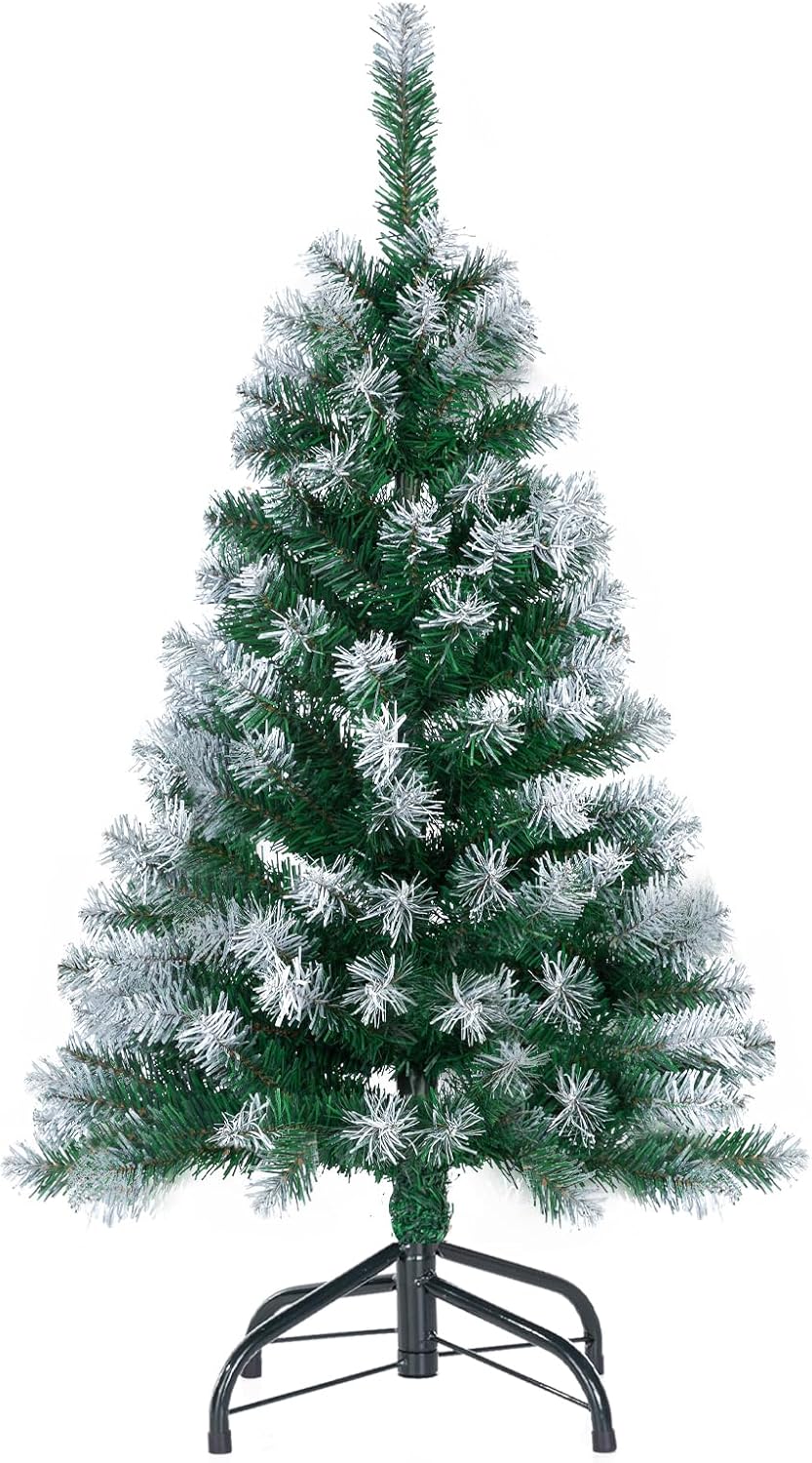 3Ft Artificial Christmas Tree Green Tabletop Christmas Tree with Flocking Snow Frost Tips Metal Stand Mini Xmas Pine Tree for Party Supplies Indoor Outdoor Holiday Home Decoration Green With White