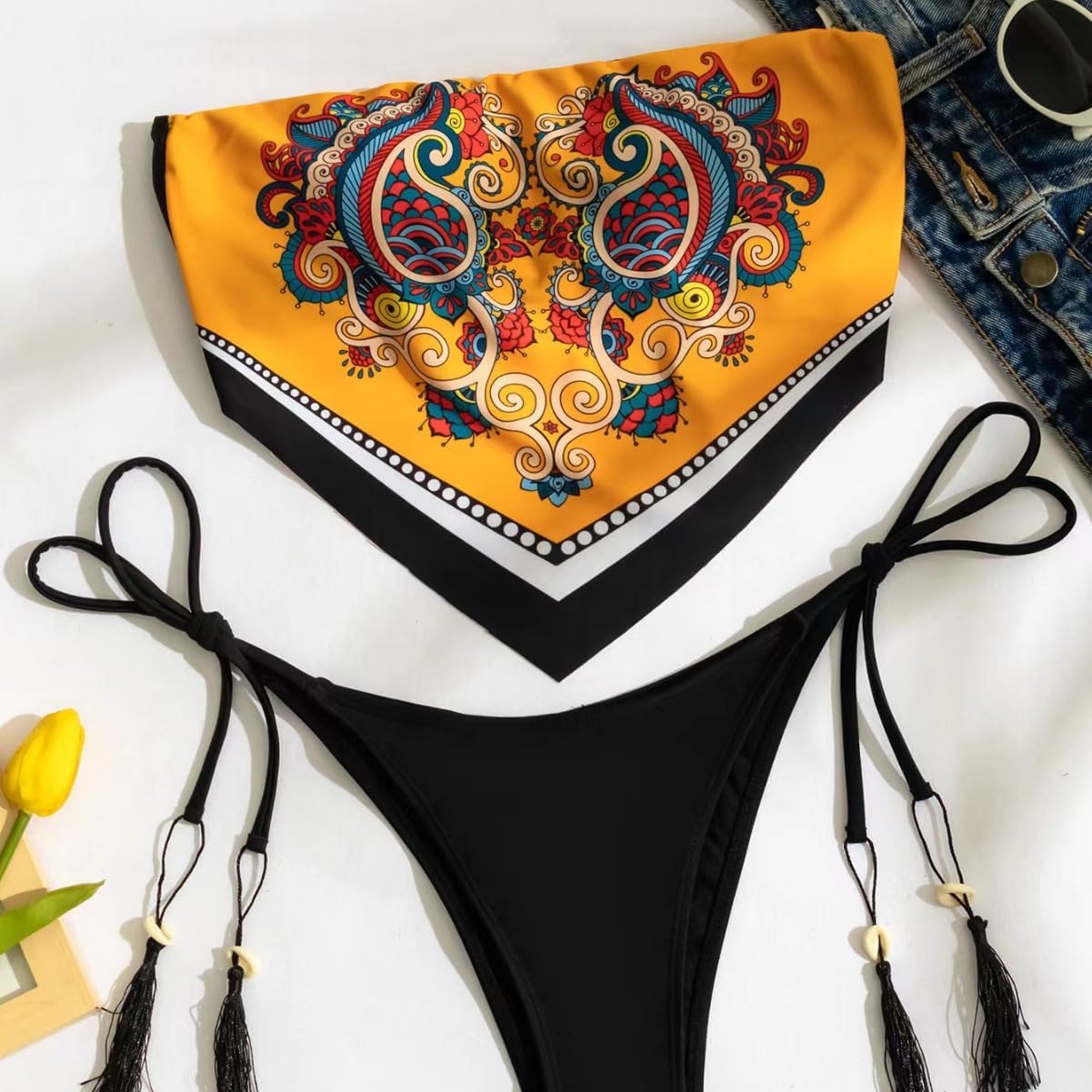 Women's Bandeau Bikini Set, Orange Paisley Print, Strapless Top with Tie Side Bottoms, Bellyband Swimwear Tassel PQ6619
