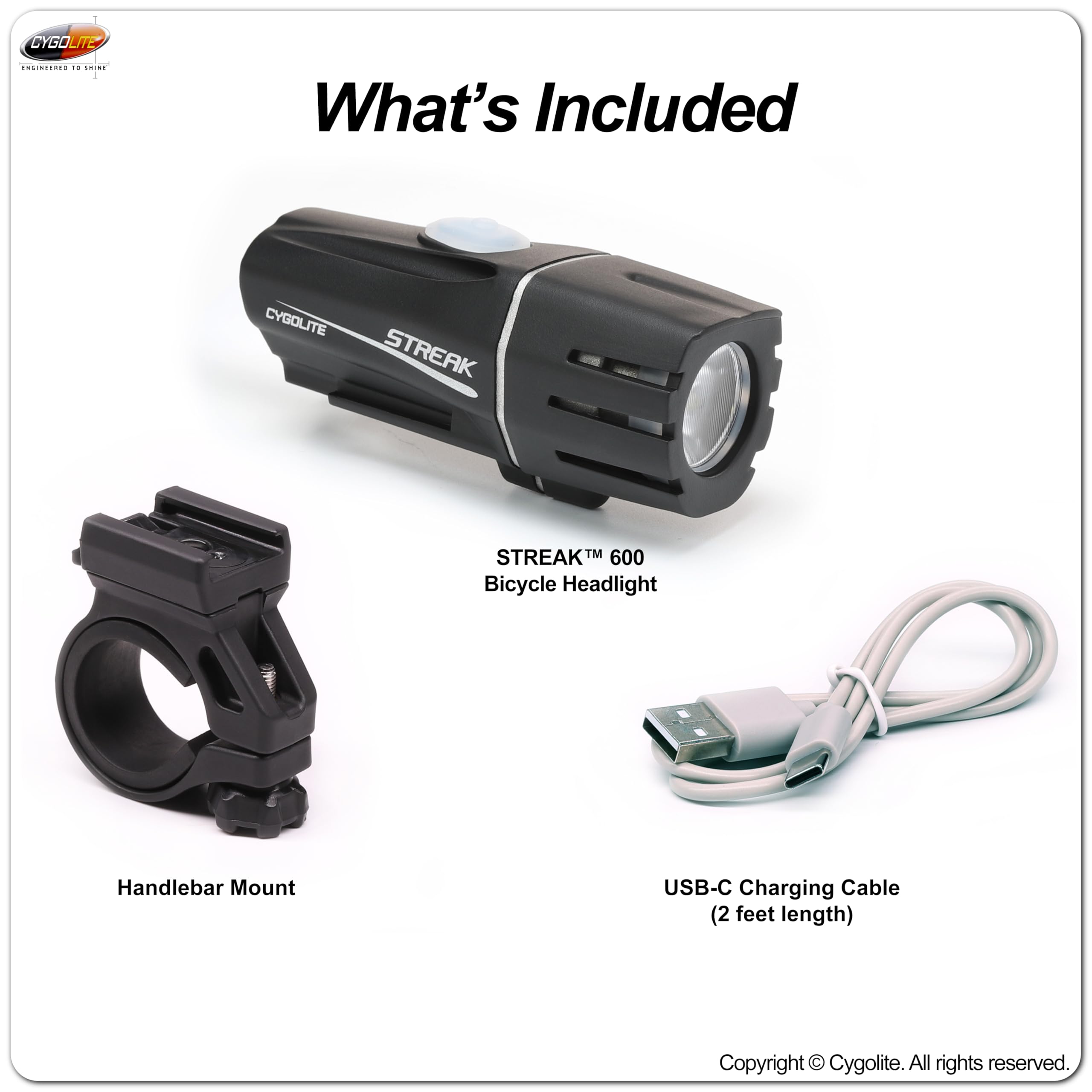 Cygolite Streak Éclairage de vélo 600 lumens – 7 modes d'éclairage – Utilisation jour et nuit – Compact, durable, étanche IP67 – Support rigide sécurisé – Rechargeable par USB-C – Pour vélos de route,