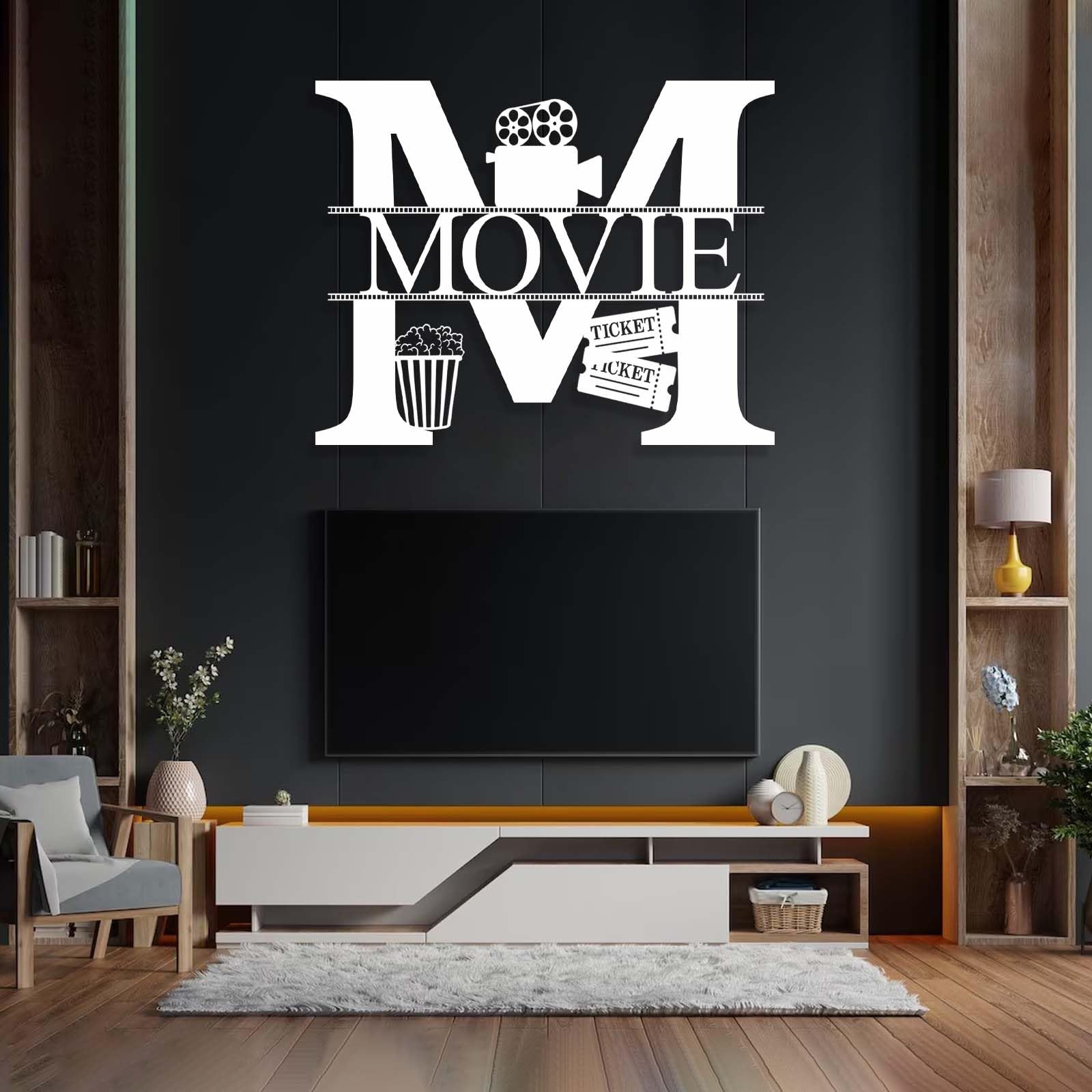 Decorazione da Parete in Metallo Insegna A Lettere per Cinema E Popcorn Regalo per Appassionati di Cinema E Collezionisti Colore Bianco 48"X38" (121X96 Cm).