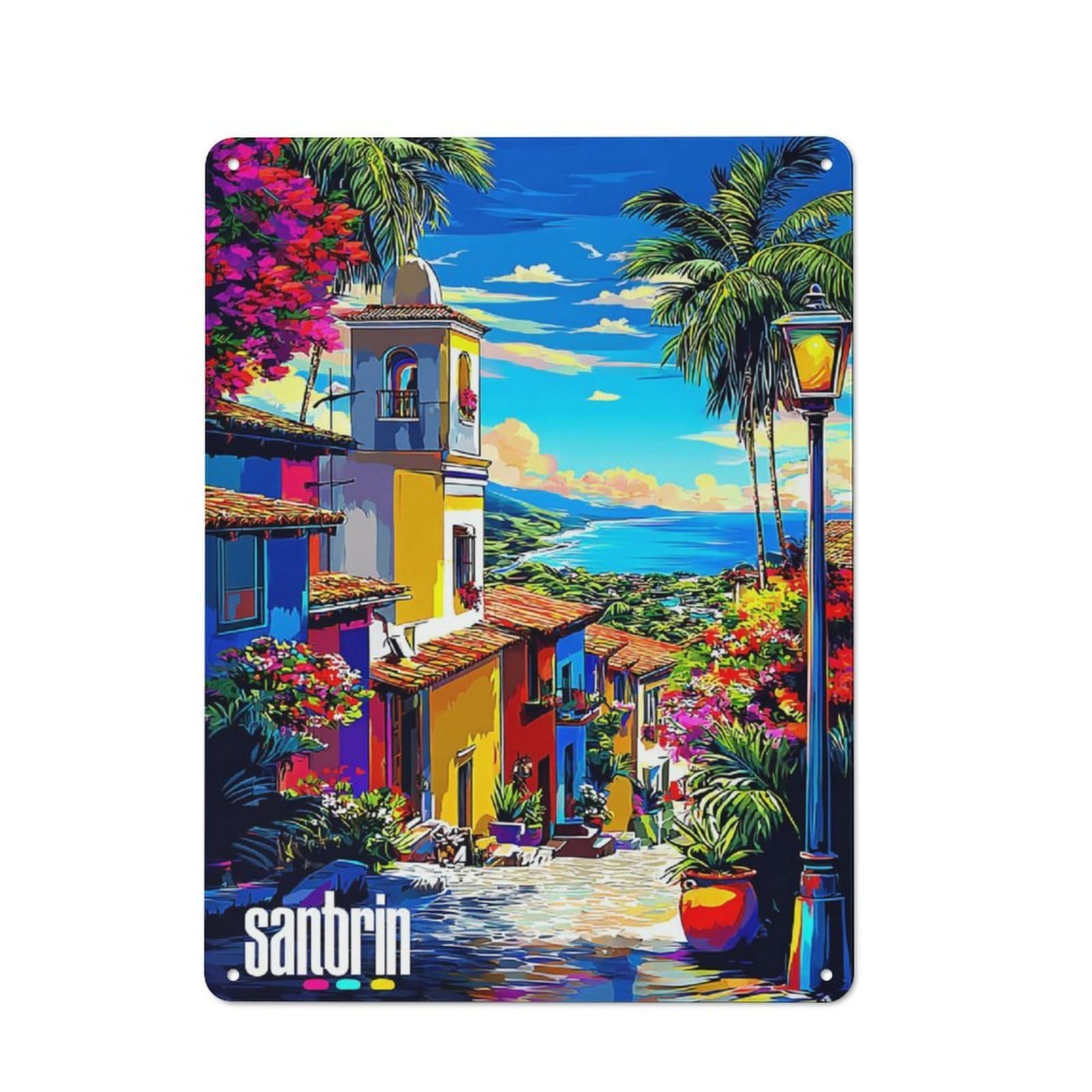 Junmoney Colorful Coastal Village Scene -1 Retro Metal Sign With Design 40X30cm, Distressed Look Retro Room Decor For Living Room, Hallway, Kitchen Or Cafe