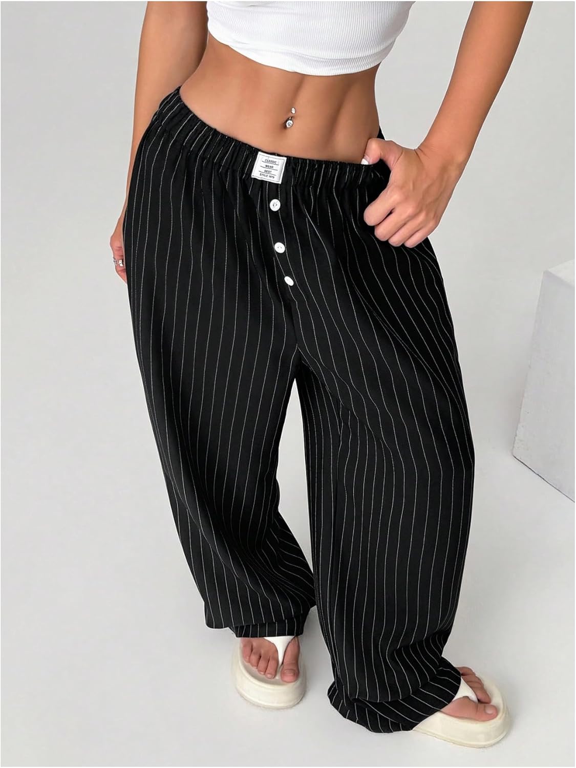 Floerns Women's Plus Size Striped Wide Leg Pants Button Elastic Waist Casual Trousers - Image 5