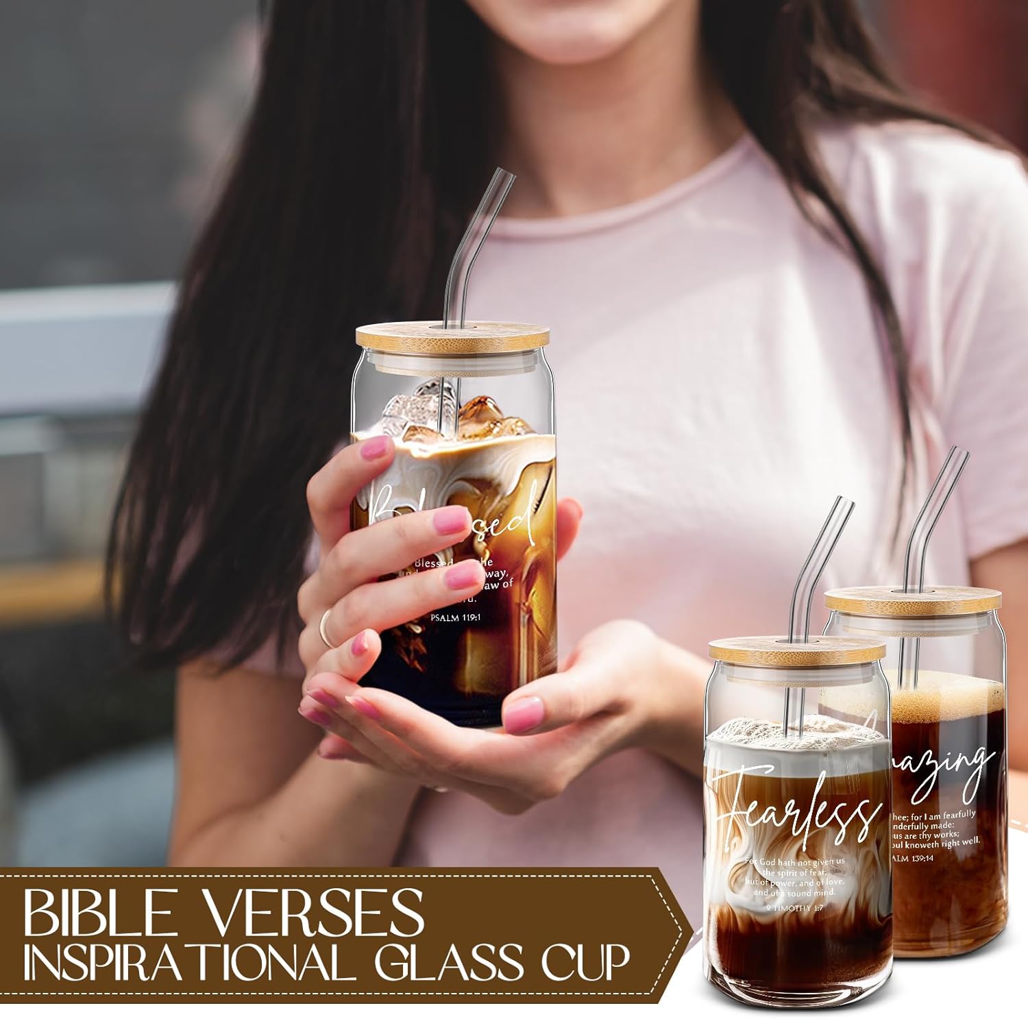 6 Pcs Christian Easter Gifts Bulk 16 oz Bible Verse Glass Cups with Bamboo Lids and Straw Christian Mothers Day Church Gifts Bible Verse Religious Coffee Cup for Women Men Clergy - Image 7