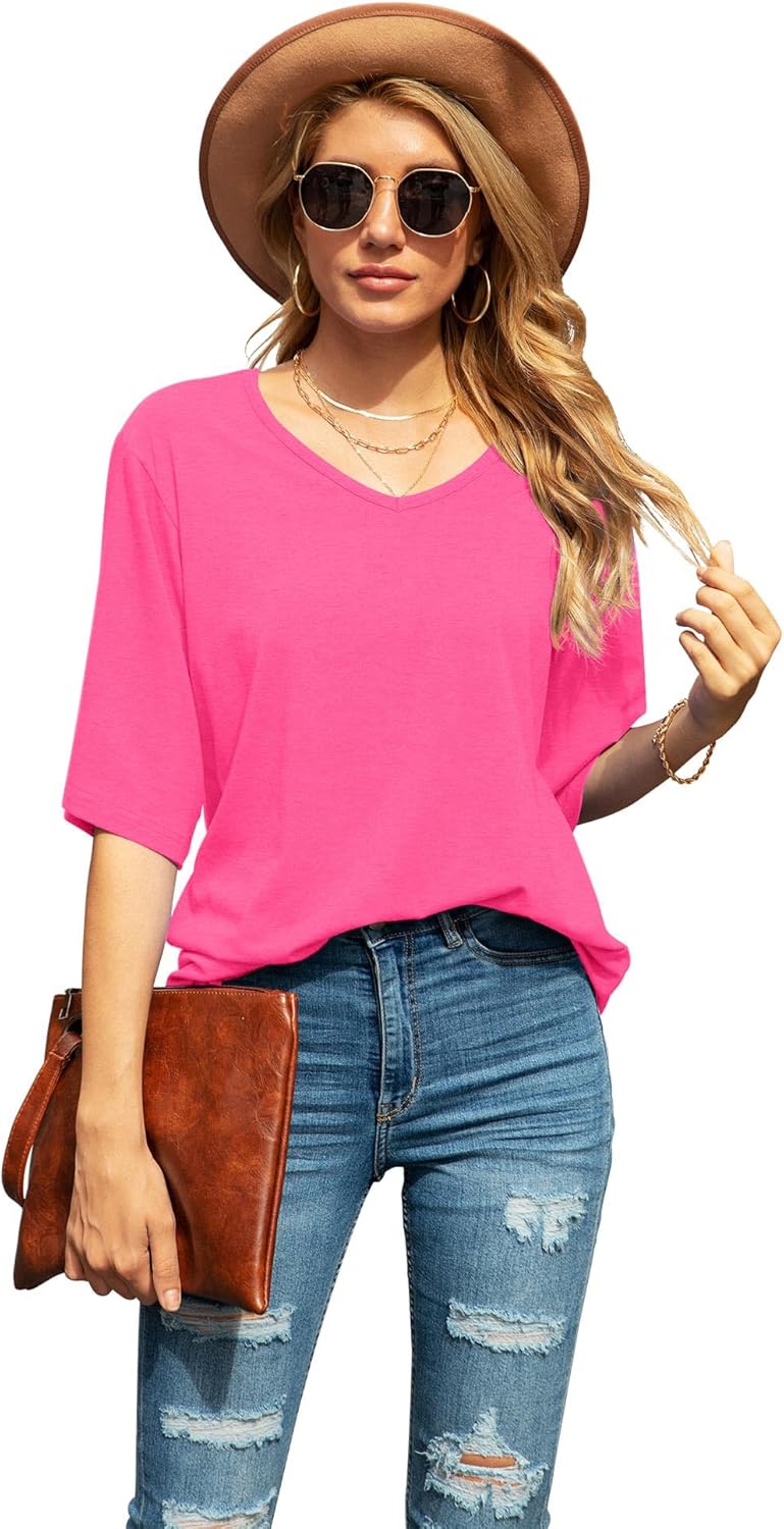 SUEANI Women's Blouse Tops Loose V Neck 3/4 Bell Sleeve Shirt - Image 3