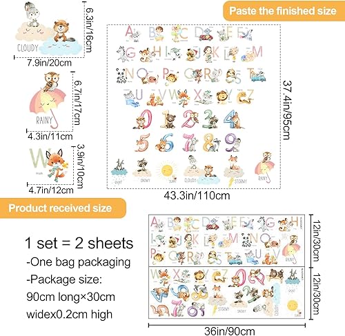 Miniatura 9 de Calcomanías de pared de dibujos animados 3D de animales de la A a la Z, letras de aprendizaje temprano 1-9, calcomanías de pared para despegar y
