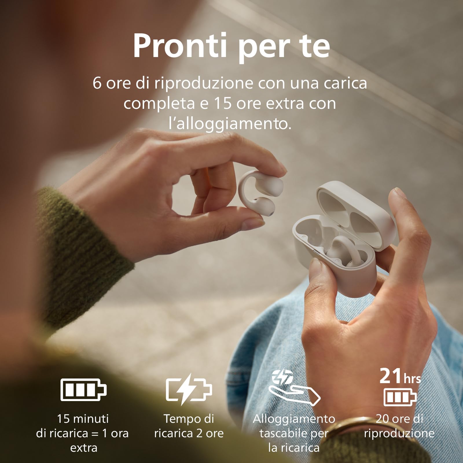 Philips TAQ2000WT auricolari ear-cuff True Wireless open-ear Multipoint Bluetooth - 28 ore di riproduzione, Ricarica tascabile, Chiamate chiare per spostamenti ed allenamento - Bianco