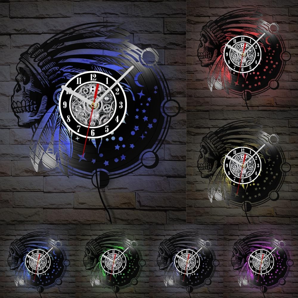 The Geeky Days Native American Vinyl Record Wall Clock with LED Light Tribal Traditional Headdress for Living Room Ethnic Home Decor Silent Non Ticking Laser Engraved Vinyl Record LED Lit Wall Clock