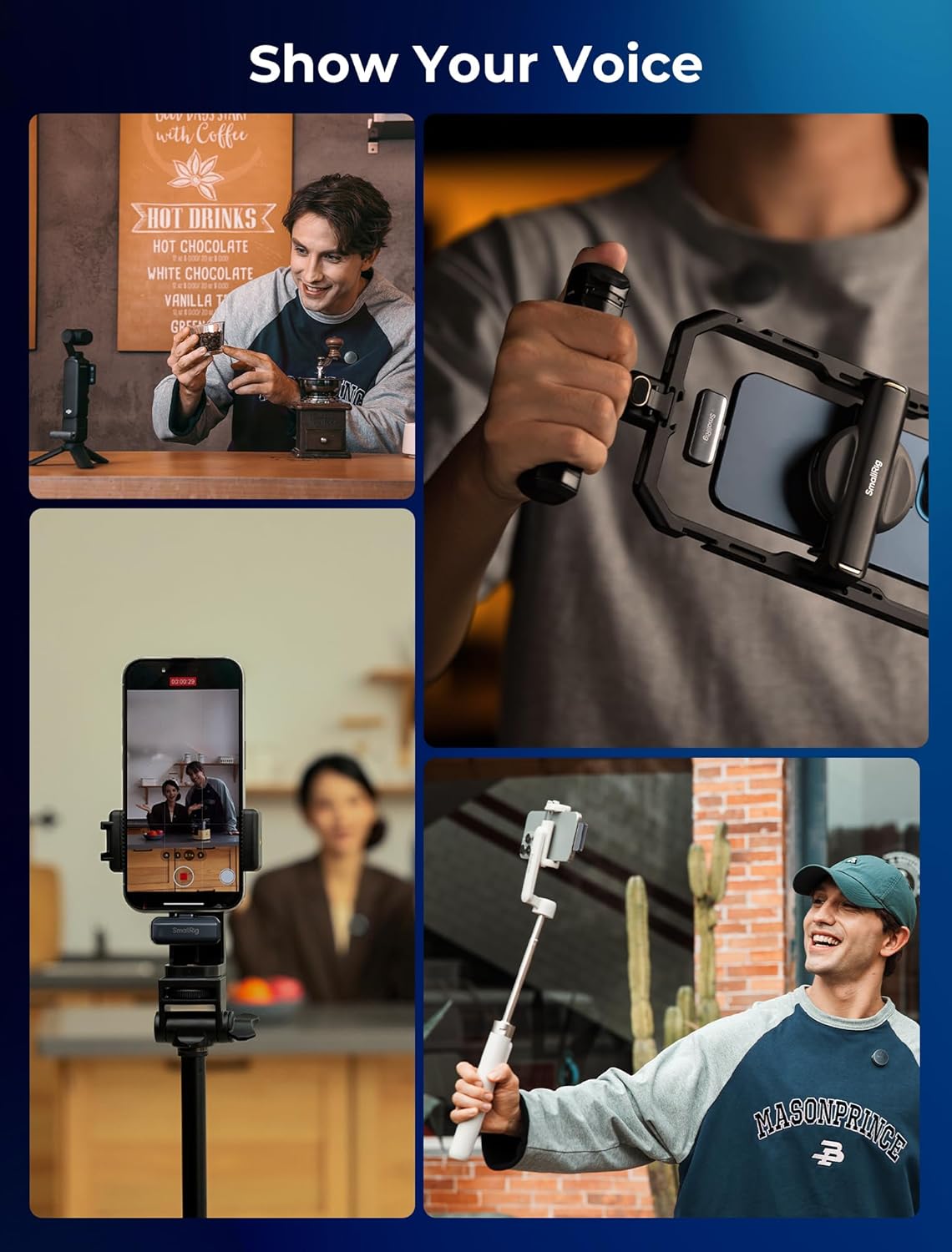 Multiple scenarios showing the SMALLRIG S60 microphone in use for vlogging, interviews, and mobile video recording.