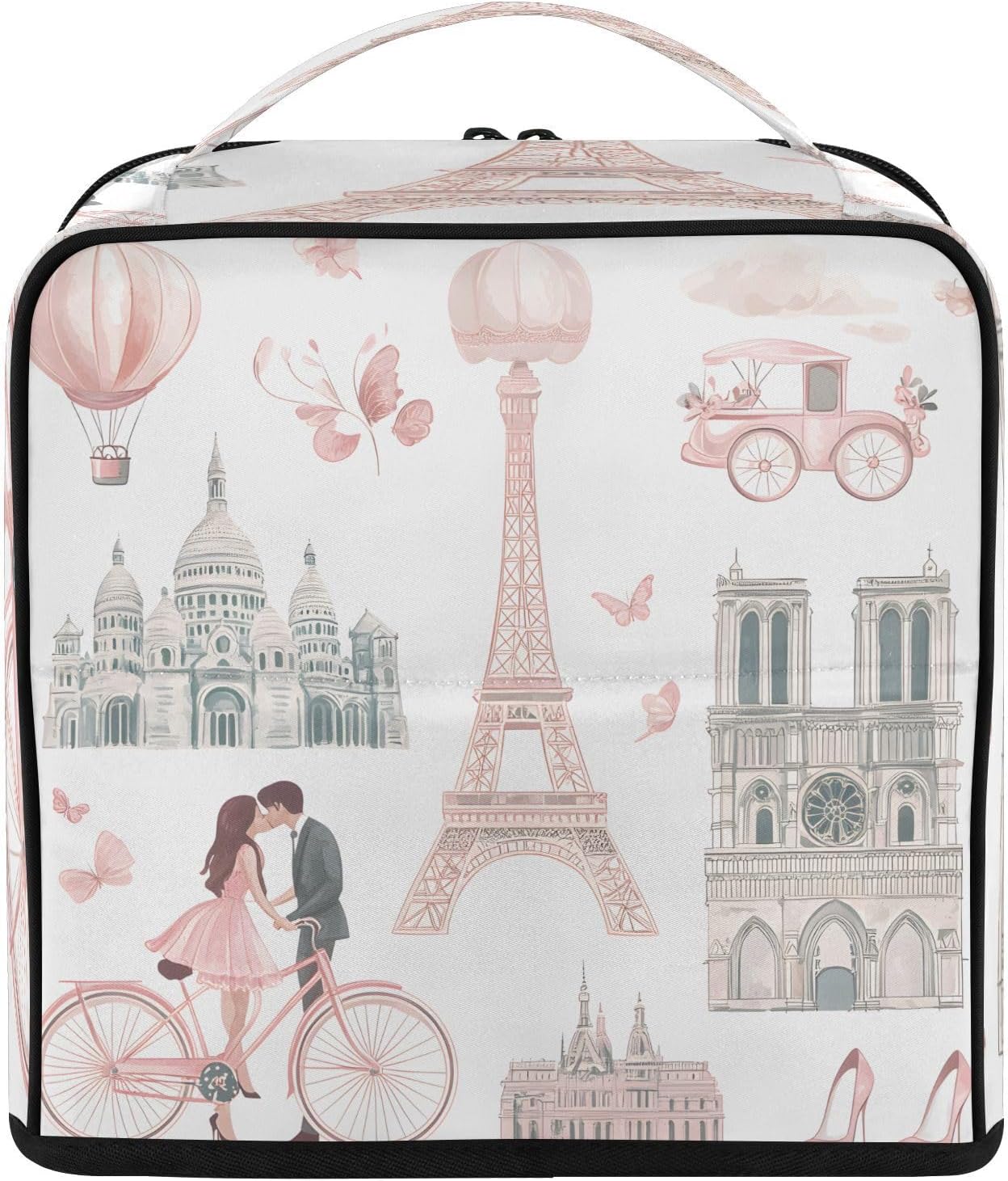 Standing Makeup Bag, Romantic Paris Eiffel Tower Large Cosmetic Bag Toiletry Organizer with Phone/Mirror Holder, Brush Holders, Detachable Dividers, Portable Travel Makeup Case for Women