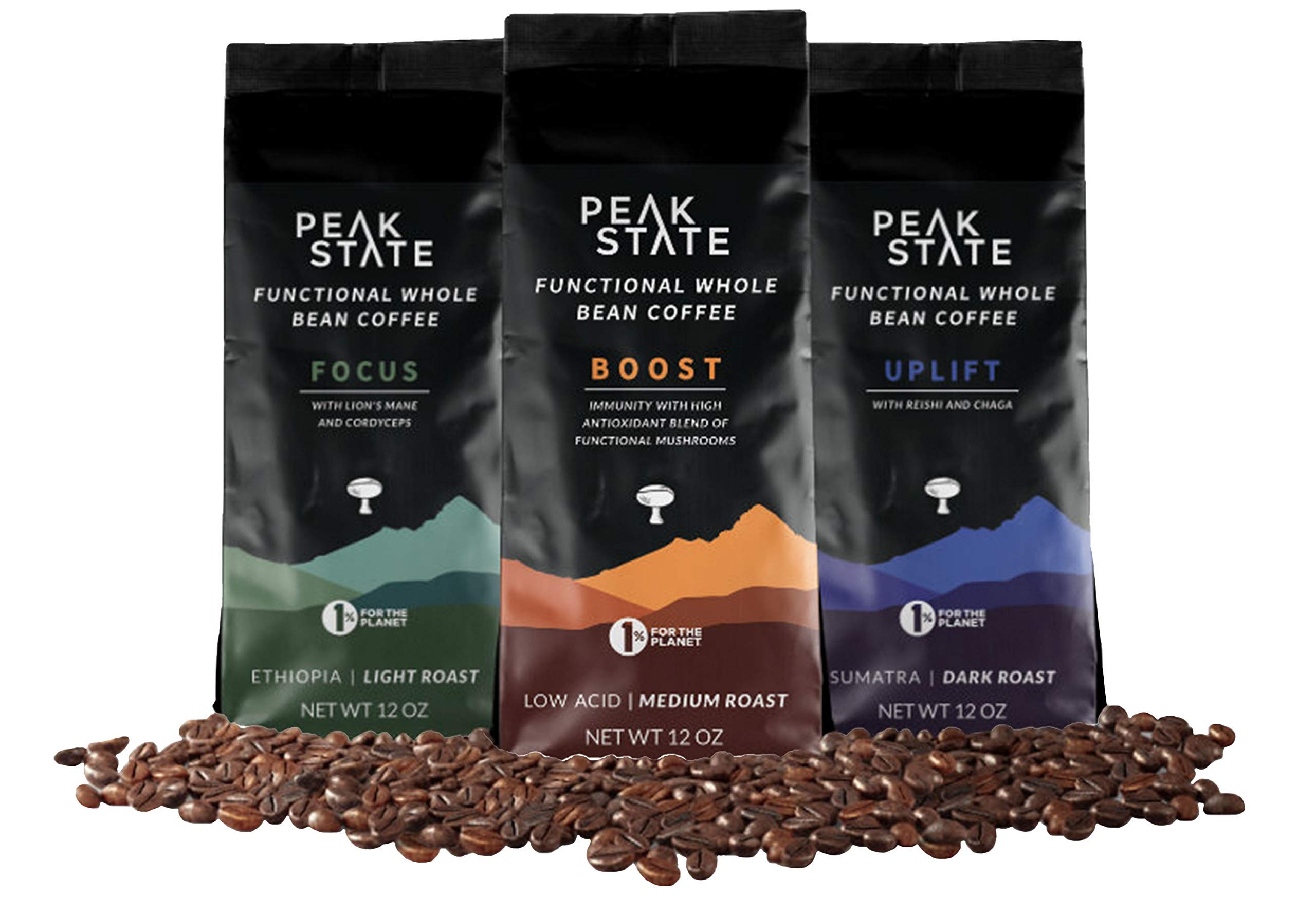 Peak State Coffee with Benefits, 3 Bag Variety Pack, Mushroom Coffee, Low Acid & Smooth, Immunity Boost, Brain Sustain & Stress Less, Organic Whole Bean Coffee, Gluten Free, 12 oz. Each