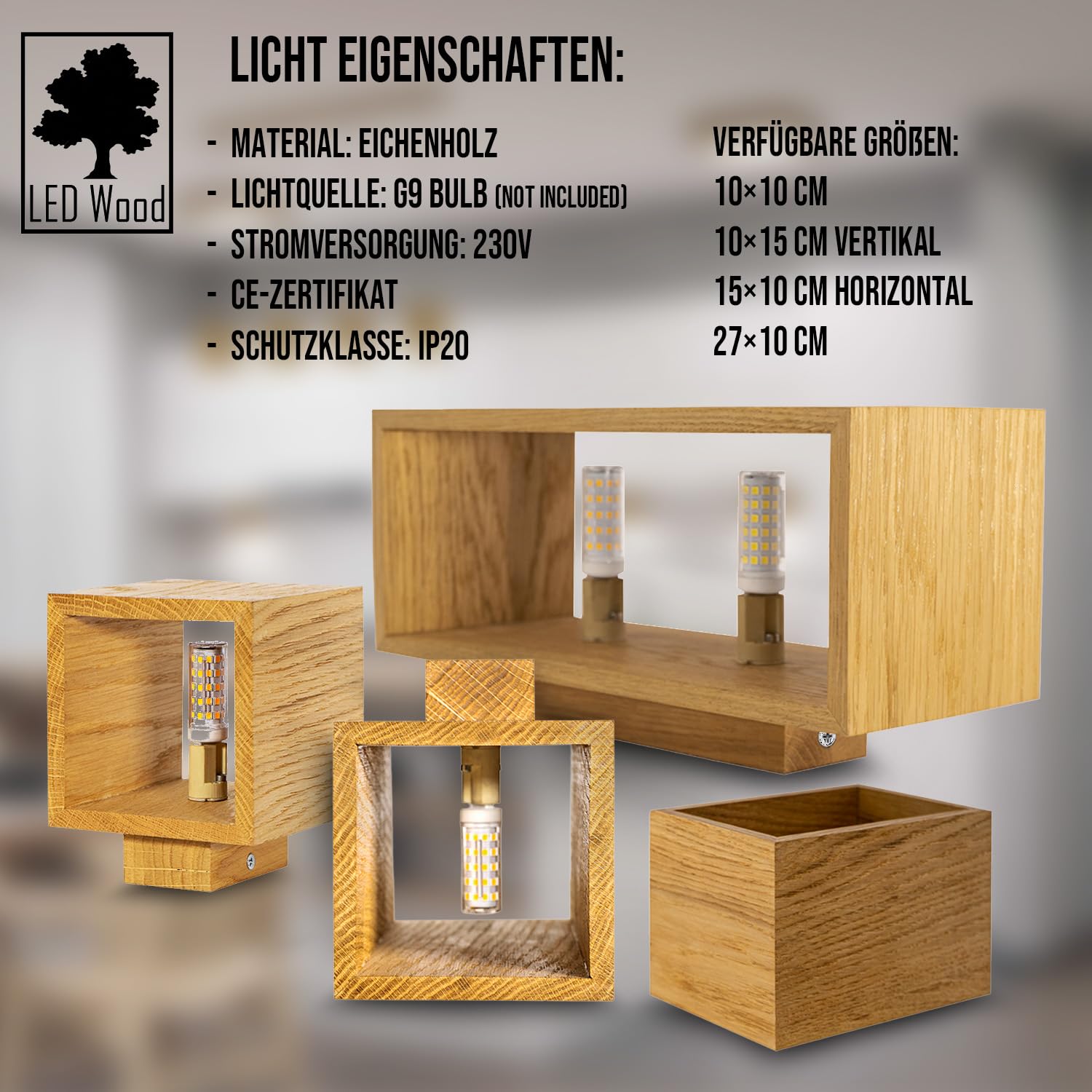 LED Wood Wandleuchte Innen Holz - Handgefertigte Wandlampe aus Eichenholz - Wandbeleuchtung G9 max. 12 W - Wandstrahler für Wohnzimmer, Badezimmer, Schlafzimmer und Treppenhaus, Glühbirne nicht inkl.