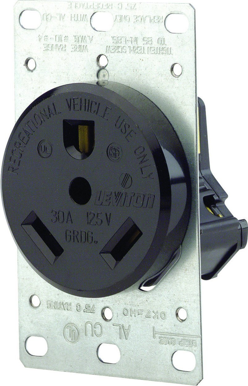 Leviton 7313 30 Amp, 125V, Nema Tt-30R, 2P, 3W, Flush Mounting Receptacle, Straight Blade, Industrial Grade, Grounding, For Recreational Vehicles, Side Wired, Steel Strap, 10 Pack, Black