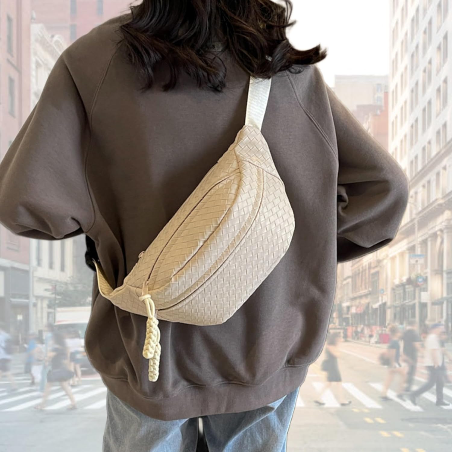 Woven PU Leather Fanny Packs for Men and Women, Stylish Shoulder Sling Crossbody Purse Adjustable Strap, Unisex Bum Waist Bags for Festival Travel Shopping Outdoor (White, Medium) - Image 5