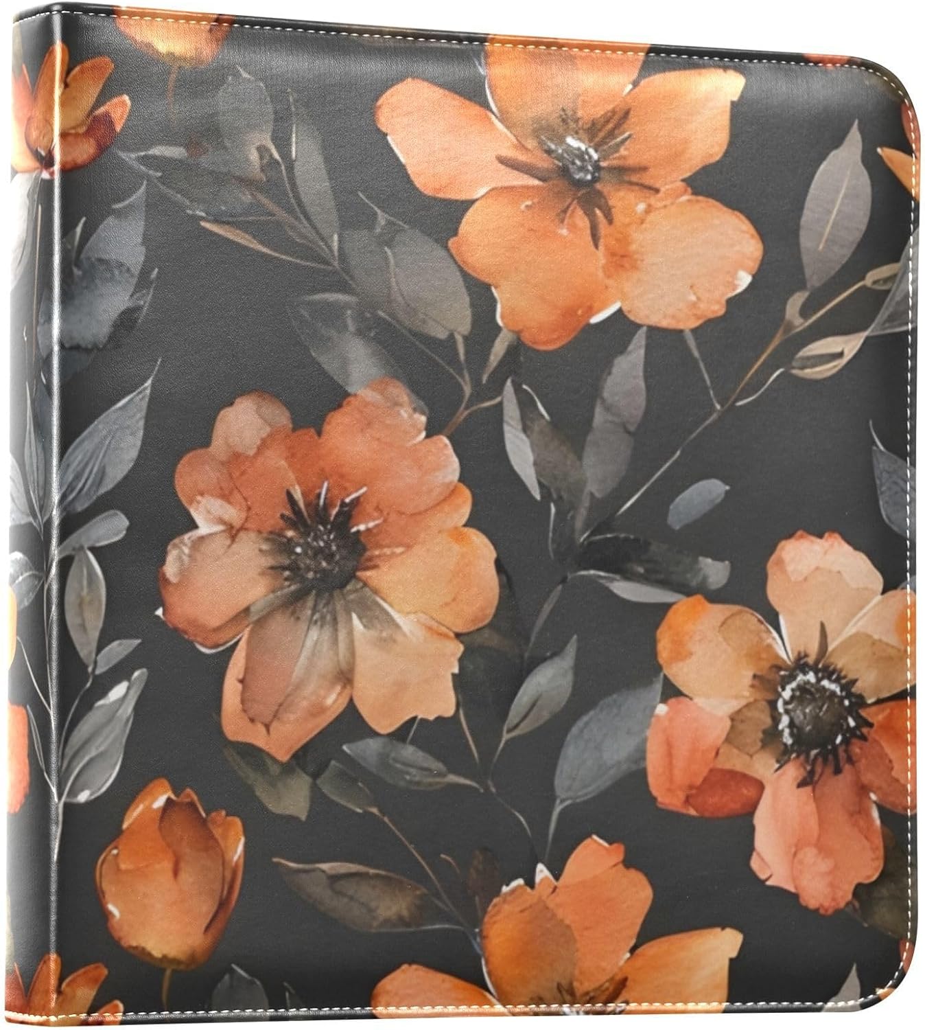JIPONI Orange Flowers Black Back Large Photo Album, DIY Leather Cover Scrapbook Albums for 4x6 5x7 6x8 Pictures, Self Adhesive Memory Book for Wedding, Baby, Family