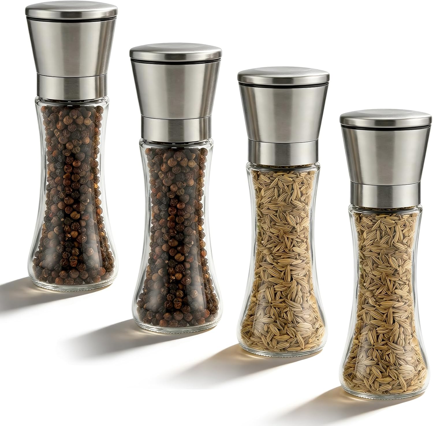 4-Pack Salt & Pepper Grinder Set, Refillable Stainless Steel Mills with Adjustable Fine-Coarse Grind, Clear Glass Body for Sea Salt, Peppercorns & Whole Spices - Local Warehouse Shipping