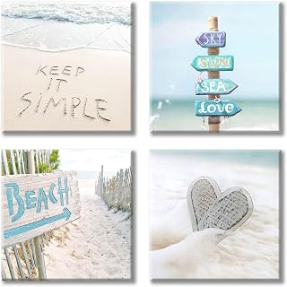 Seashell Beach Pictures Canvas Wall Art For Bathroom Costal Pictures Beach Photographic Canvas Artwork for Room’s Wall Decoration (12” x 12'' x 4 Panels)