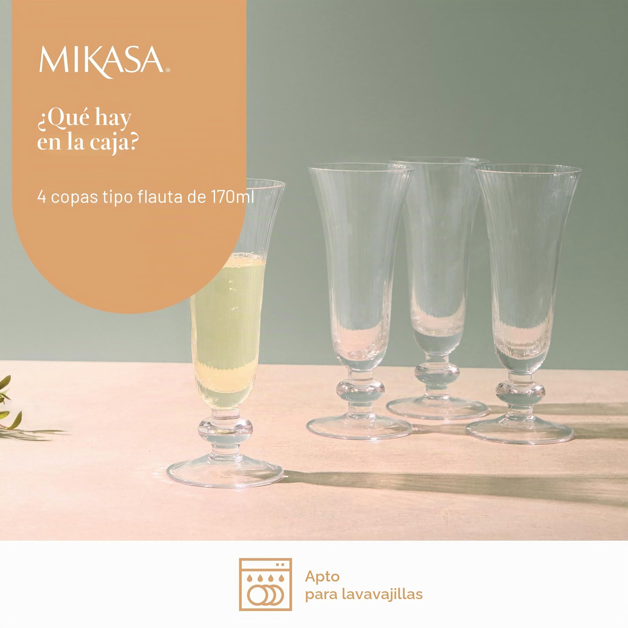 Mikasa Salerno Copas de Cristal para Champán, 170ml, Juego de 4 Copas de Cristal Fino Transparente sin Plomo con Pie Corto y Borde Ancho - Aptas para Lavavajillas