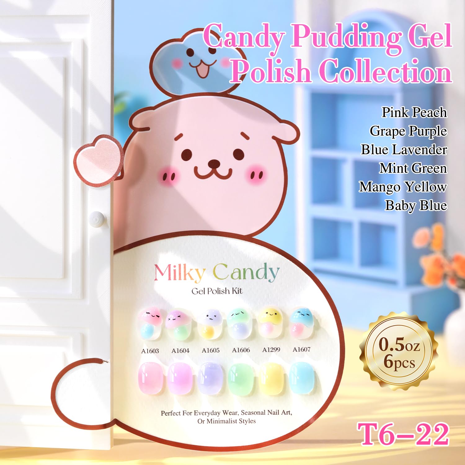 Double Rhythm 6 Pcs 15 ML Gel Polish Set Same Color Same Bottle Soak Off Gel Polish Kit Nail Art Manicure Salon DIY at Home for Women (Jelly Pink Purple Green Yellow Blue-T6-22)