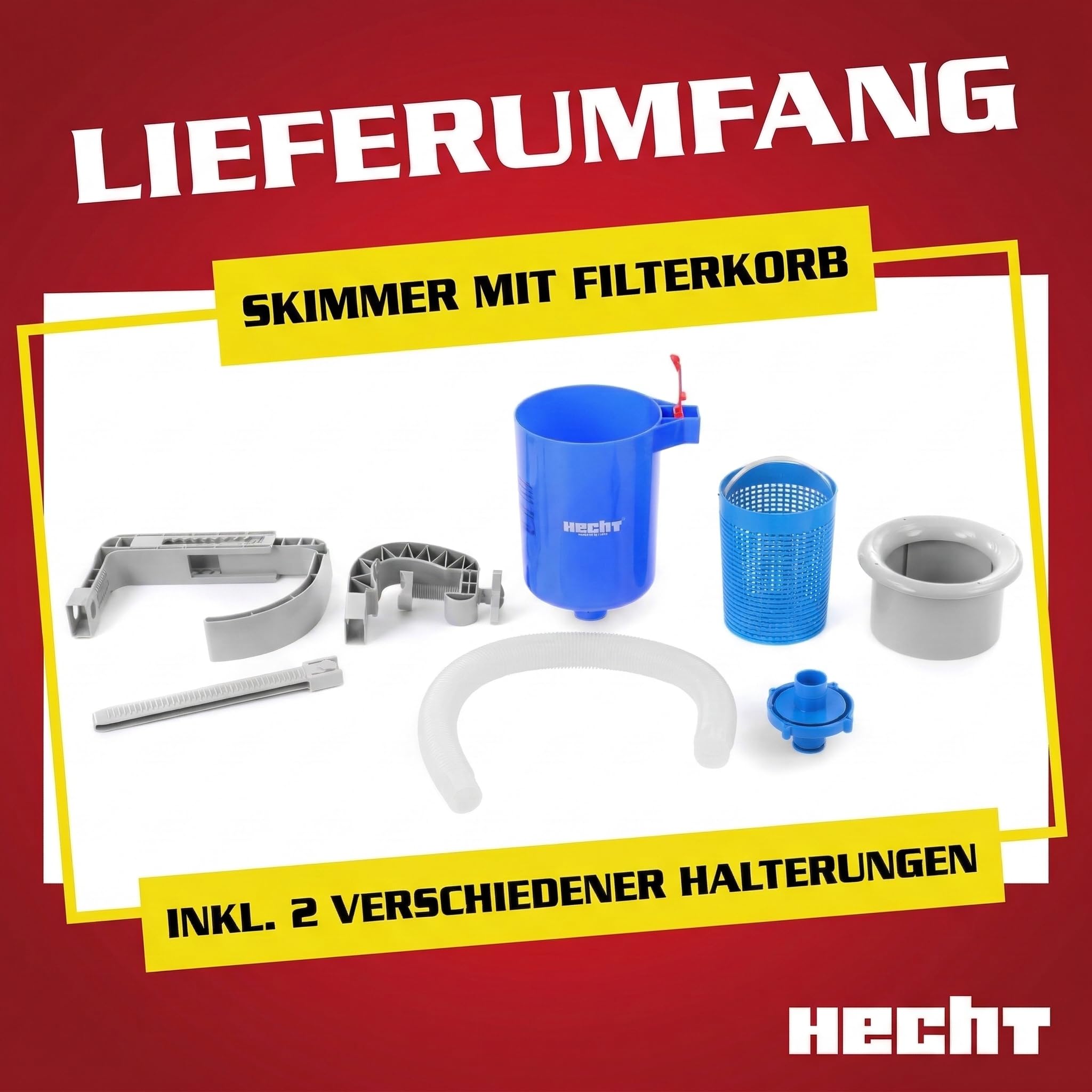 Hecht Pool Skimmer für Aufstellpool Framepool 32/38 mm | Einhängeskimmer und Oberflächenskimmer mit Filterkorb, Adapter und Halterung für Aufstell- und Stahlwandpools