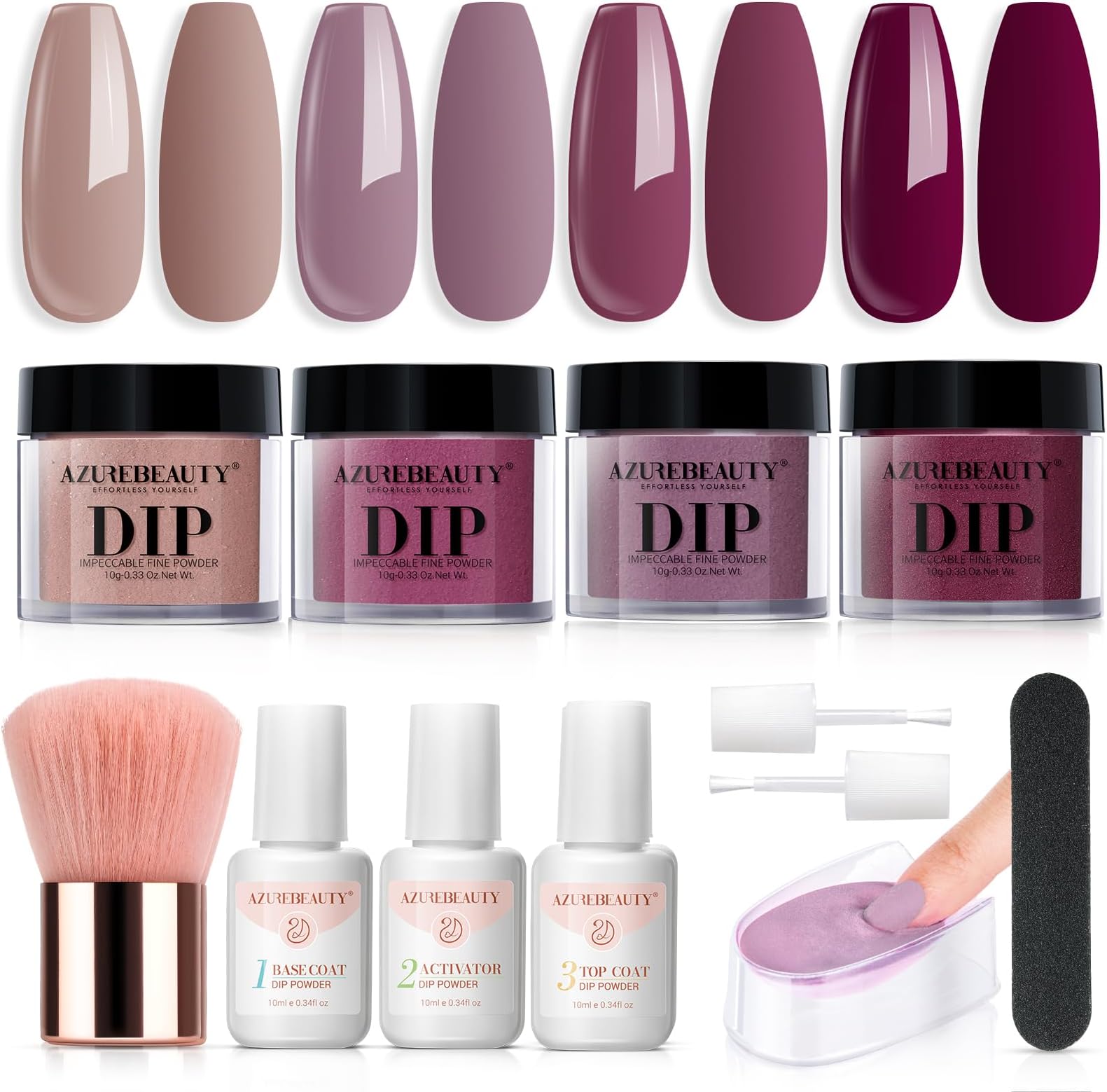 Dip Nails Powder Starter Kit, AZUREBEAUTY 4 Colors Intellectual lady Brown Purple Dipping Powder Set with Base & Top Coat Activator Recycling Tray for French Nail Art Manicure Salon DIY at Home