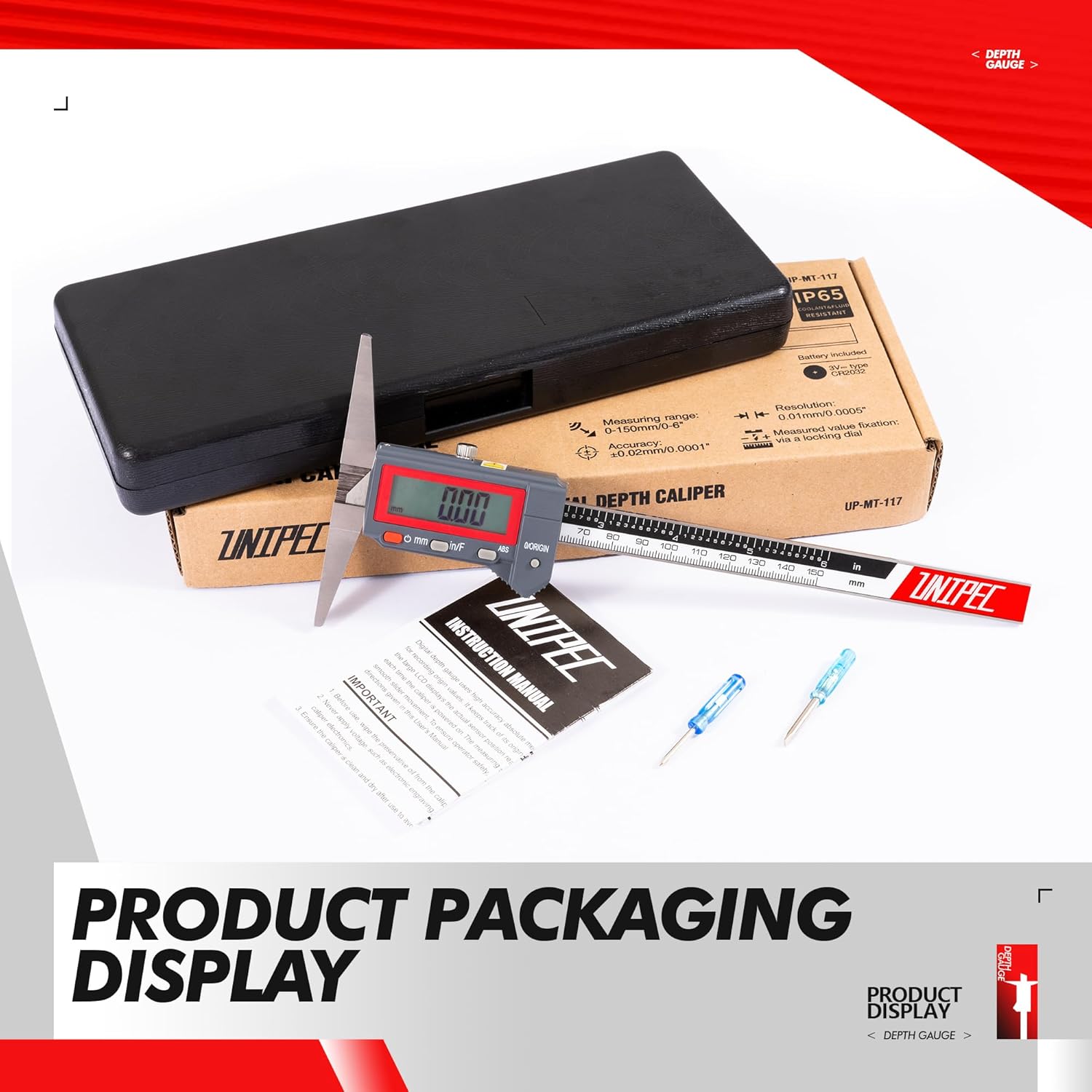 Absolute Digital Depth Caliper 0-150mm / 0-6", ±0.02mm Accuracy, 0.01mm/0.0005" Resolution, Electronic Depth Gauge with Locking Dial, Precision Measuring Tool for Machining & Inspection