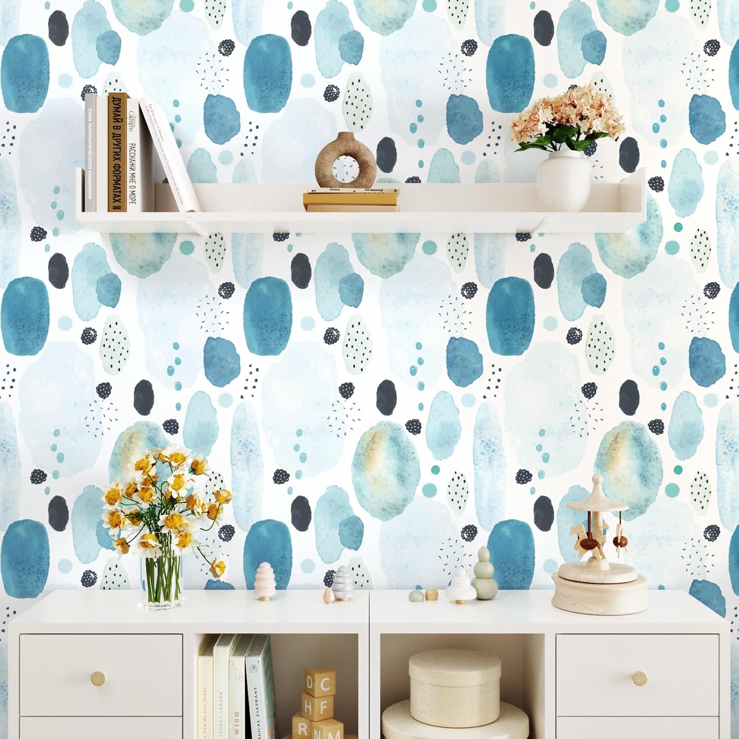 WESTICK Blue Peel and Stick Wallpaper Boho Polka Dot Wallpaper Self