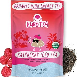 High Caffeine Iced Tea (155 mg) - Kubo Tea: Organic Raspberry Black Tea Bags for Clean Energy & Focus | Healthy Coffee Substitute | High Energy Iced Blend | 20 Ct | Compostable Packaging