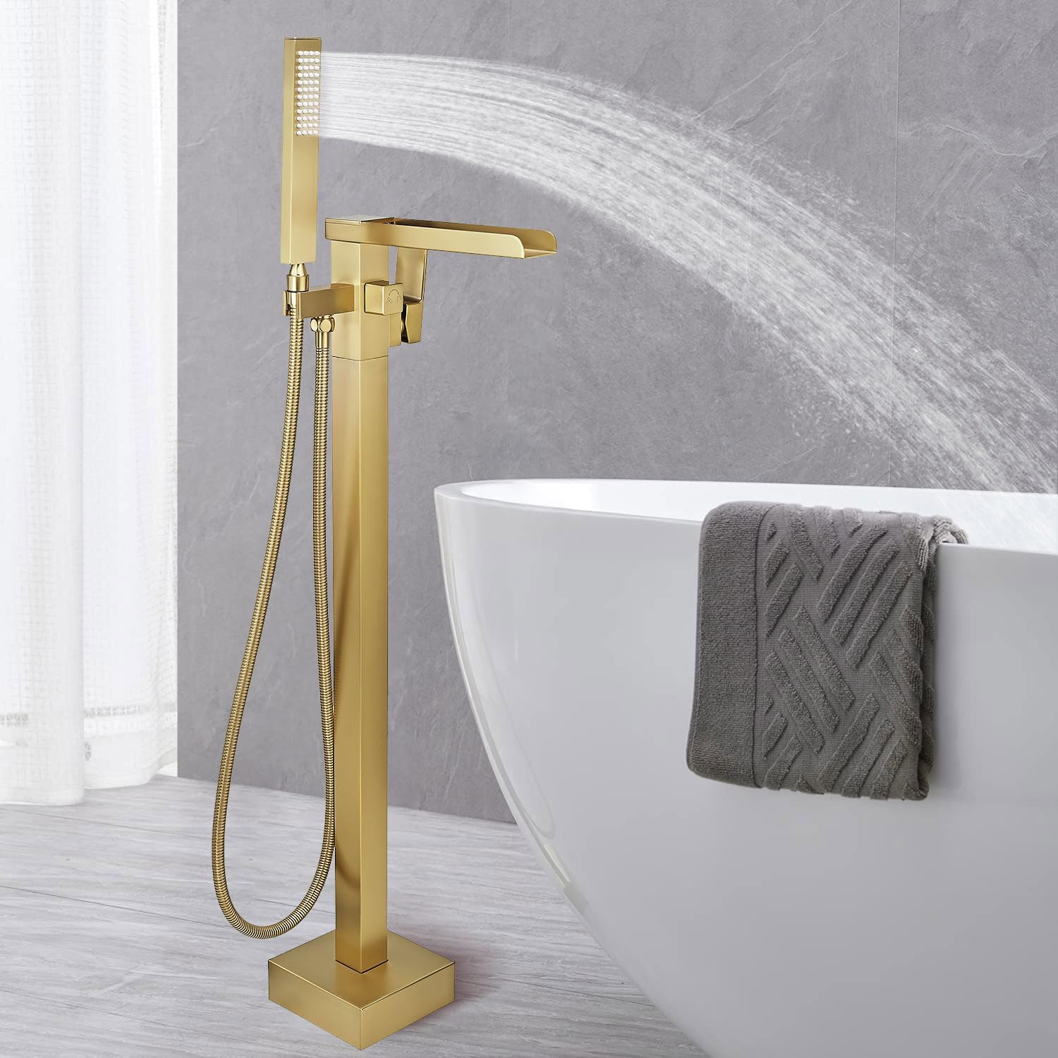 Free Standing Tub Faucet Brushed Gold, Floor Mount Freestanding Tub Faucets, Brass Stand Alone Tub Filler, Waterfall High Flow Bathtub Shower Mixer Tap - Image 4