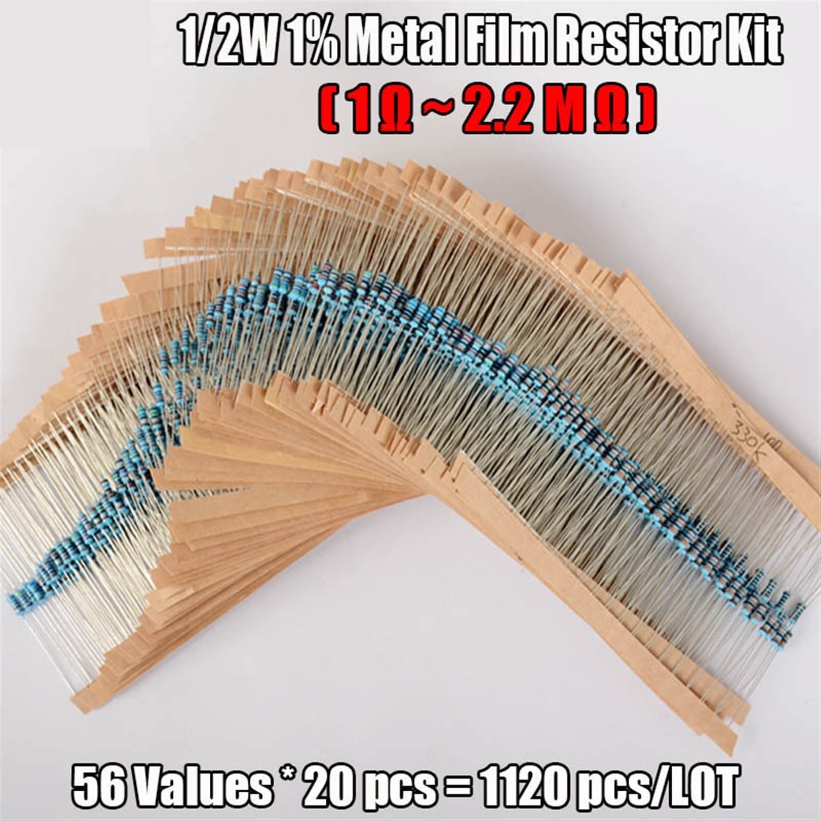1120 Piezas 1/2 W 0,5 vatios 1 por ciento 1-2,2 M Ohm 56 valores Resistencia de película metálica 0,5 W Juego de Resistencia Surtido