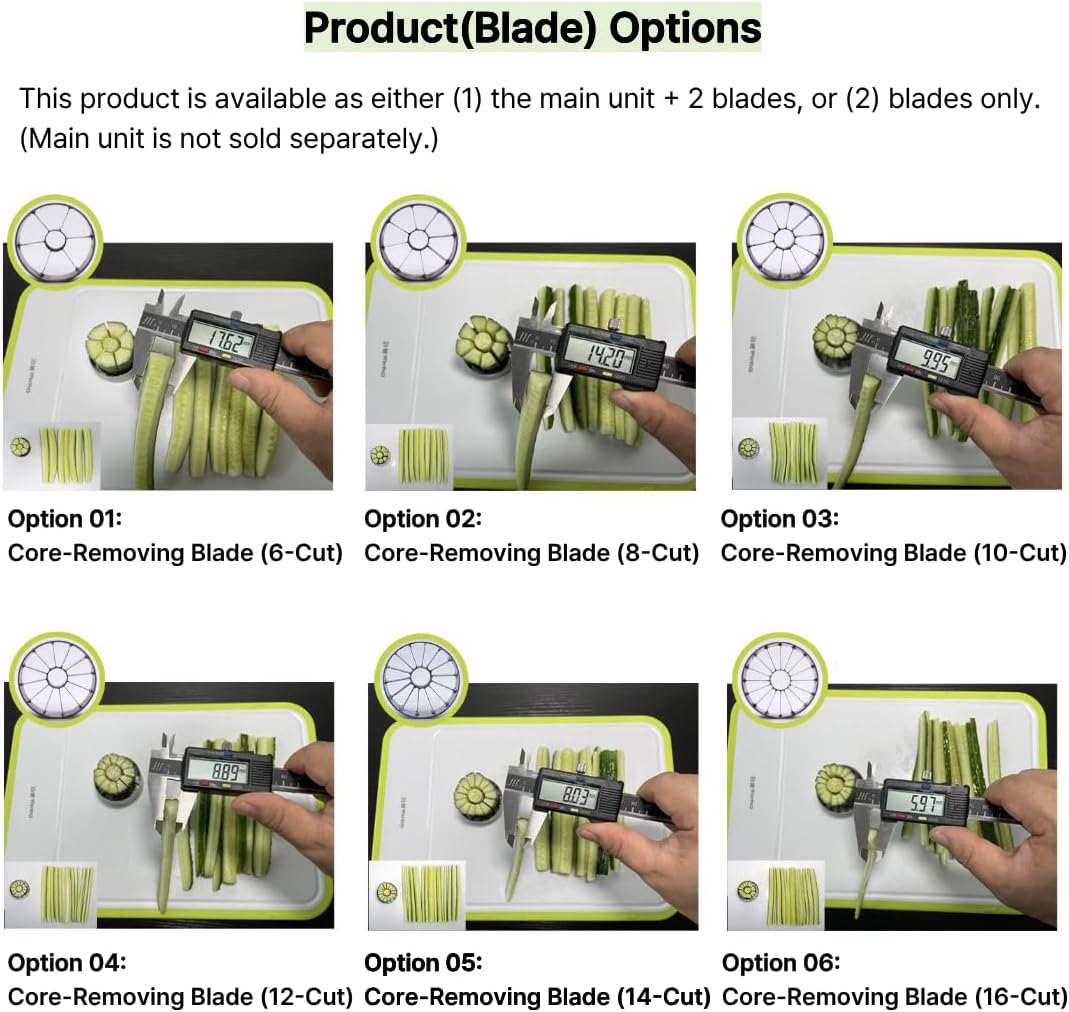 CRAFIC JC20 Cucumber Stick Cutter, Stainless Steel Manual Slicer with Core Remover, 50mm Blade, 6/8/10/12/14/16-Cut Options for Sushi and Kimbap (Blade Set: 6 & 14-cut)