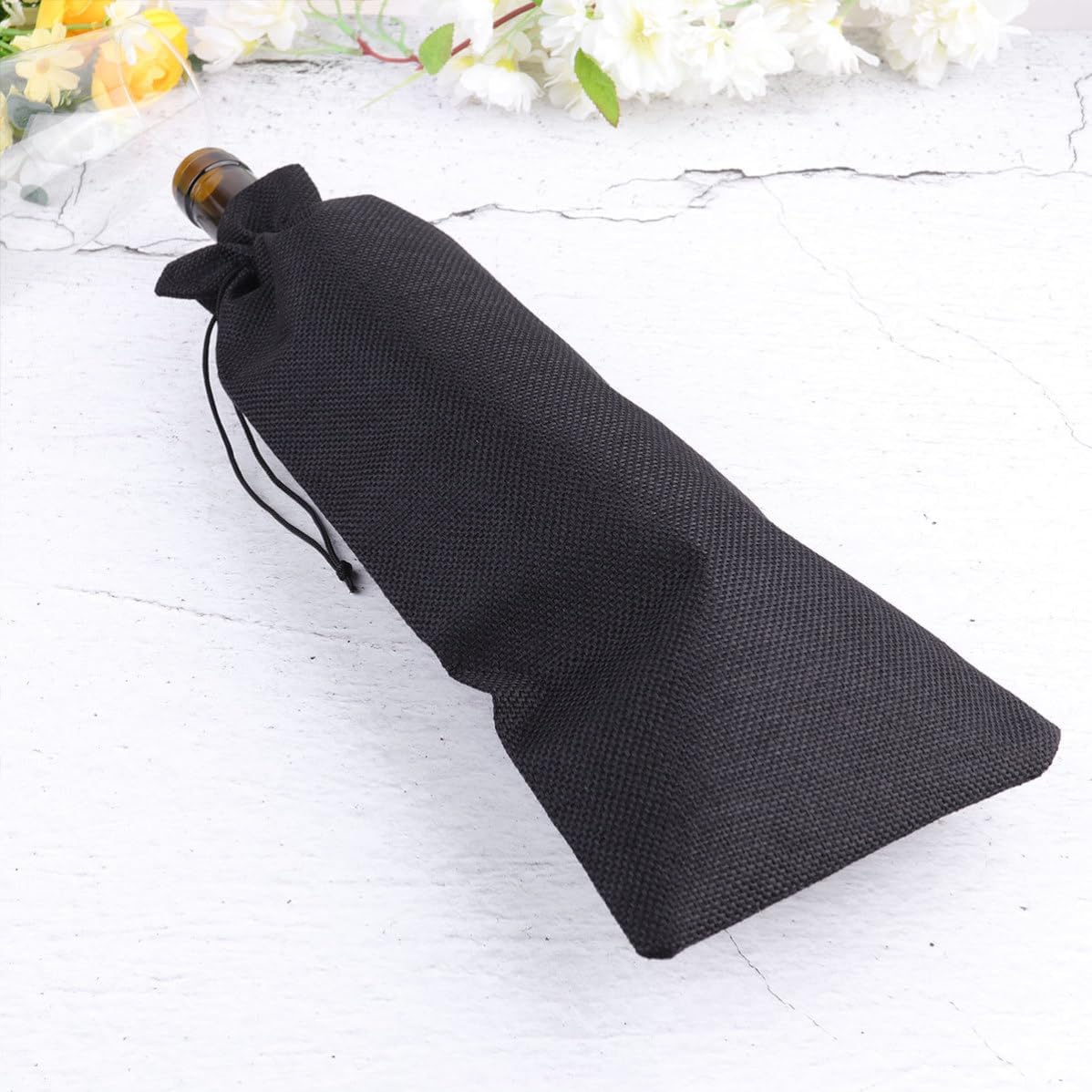Hemoton Wine Bottle Bags Wine Bottle Tote Bags Black Linen with Drawstring 6pcs Reusable Breathable for Festival Party Reception Favor and Holiday Time