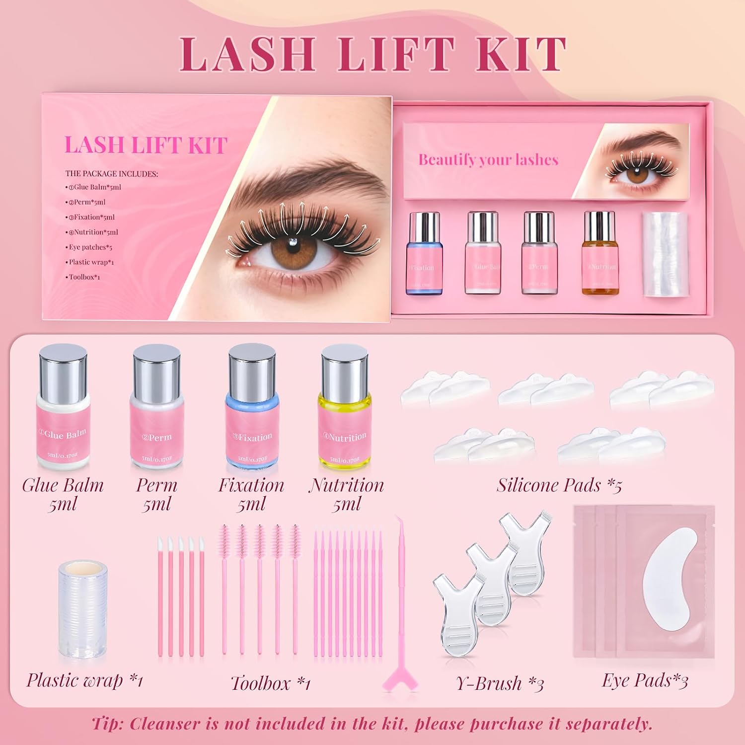 Lash Lift Kit, Eyelash Perm Kit with Glue Balm, Perm, Fixation, Nutrition, Silicone Pads, Y-Shaped Applicator, Professional Home Eyelash Lifting Set for Natural Long-Lasting Curl