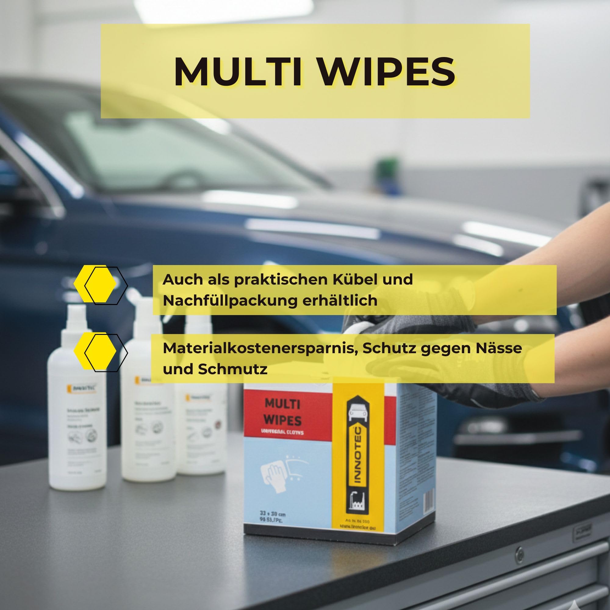 4 Stück INNOTEC Multi Wipes 90 Stück Karton – Profi Universal-Reinigungstücher fusselfrei & reißfest – Kfz Werkstatt Putztücher ideal für Politur, Glas & Entfettung – Saugstark & Chemikalienbeständig