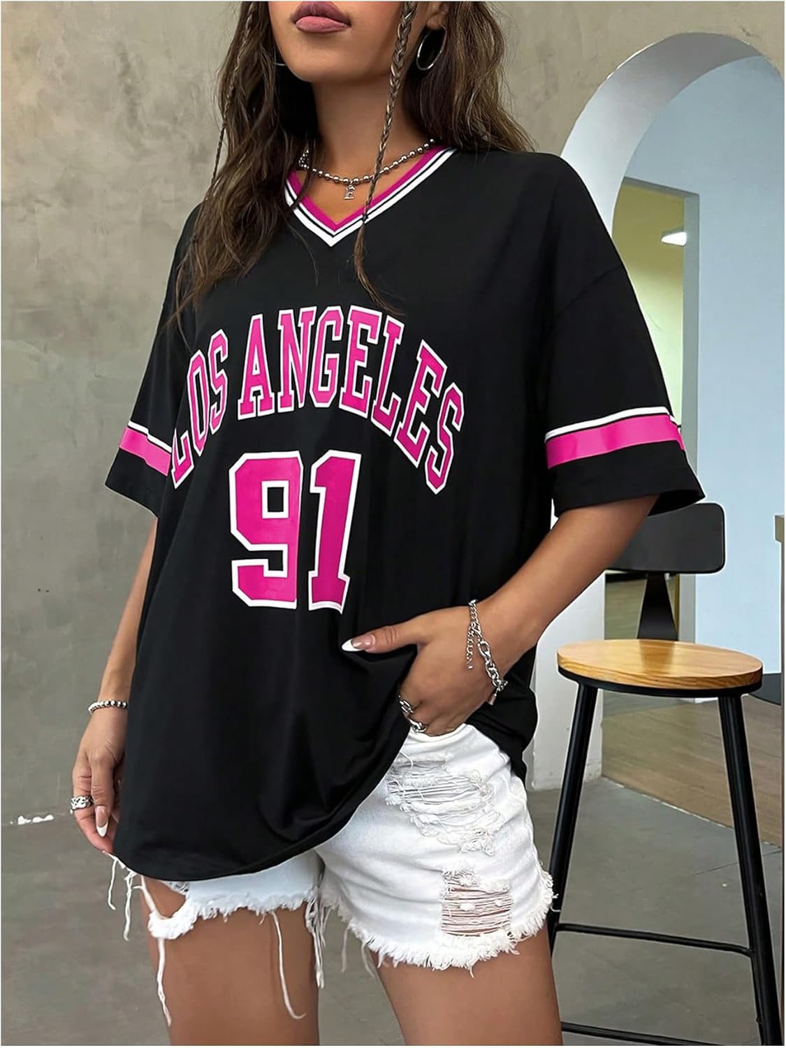 SOLY HUX Women's Oversized Jersey Shirts V Neck Graphic Tees Summer Baggy Blokecore T-Shirt Tops - Image 4