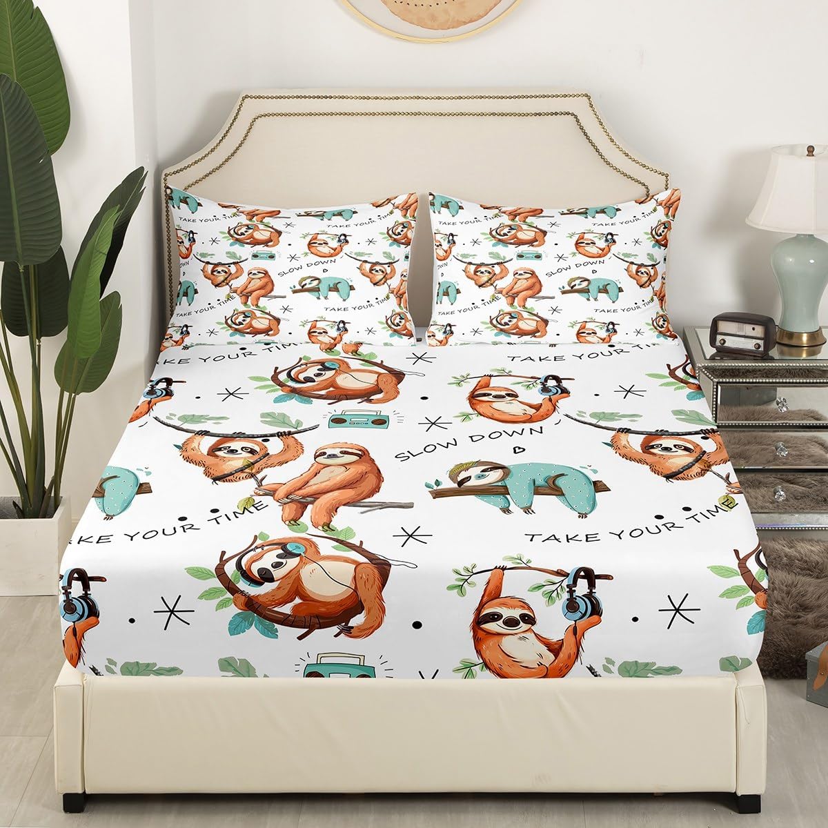Erosebridal Cute Sloth Bed Sheets, Kids Cute Animal Print Fitted Sheet Queen, Funny Sloth Lying On Branches Fitted Bed Sheets Headset Music Cartoon Bedding Decor Set with Deep Pocket, Brown White