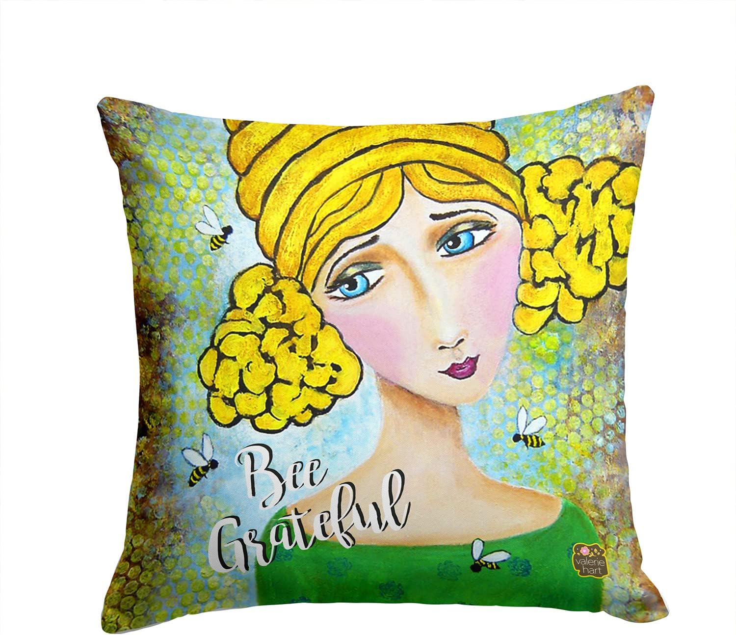 Caroline's Treasures VHA3008PW1414 Bee Grateful Girl with Beehive Fabric Decorative Pillow Machine Washable, Indoor Outdoor Decorative Pillow for Couch, Bed or Patio, 14Hx14W