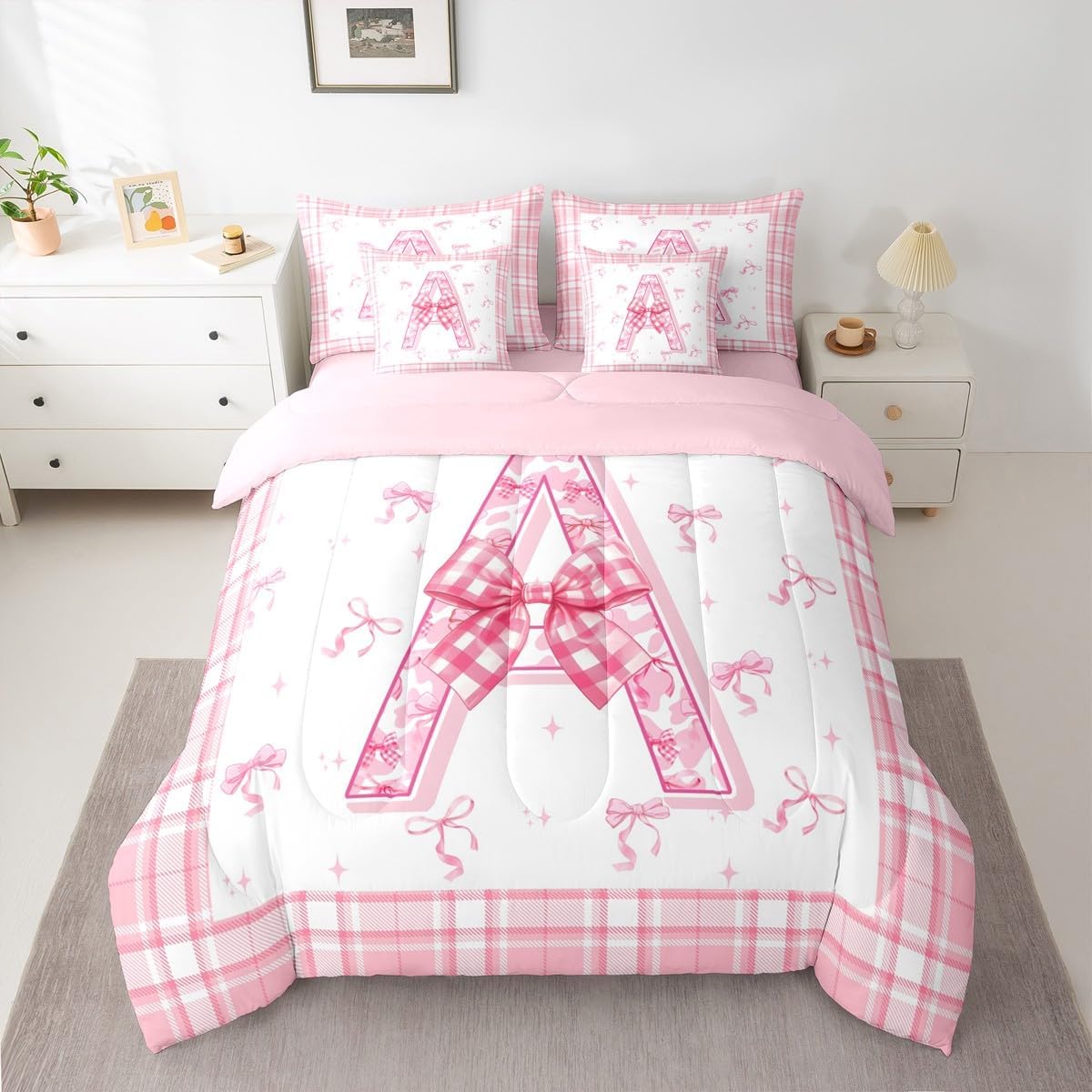 Erosebridal Initial Letter A Comforter Set 7 Piece Bed in A Bag Twin,Pink Bow Bedding Set for Kids Boys Girls Adults Cute Alphabet Bows Comforter and Sheets Kawaii Fashion Plaid with Pillowcases