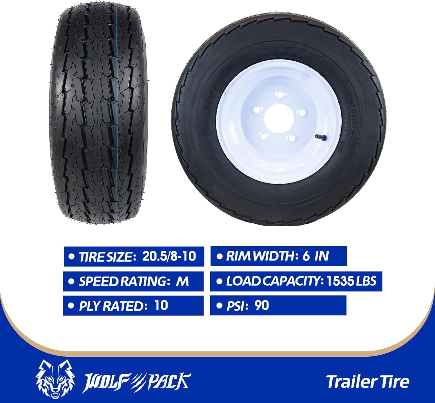2-Pack WOLF PACK Tires Rims 20.5x8.0-10 205/65-10 on 10x6 5 Lug on 4.5" White Wheel 10Ply