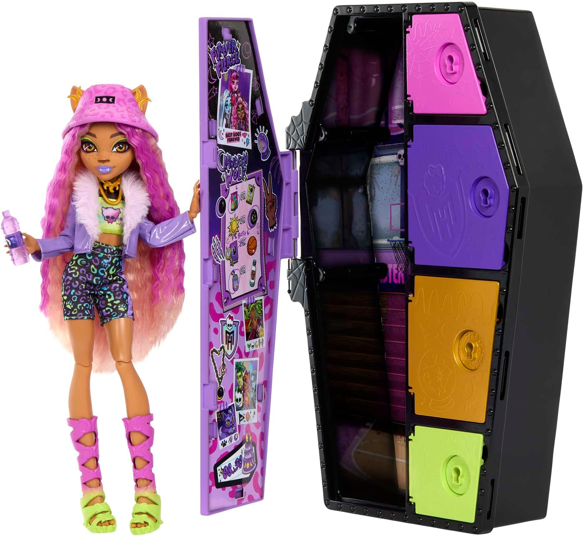 Monster High Doll and Fashion Set, Clawdeen Wolf with Dress-Up Locker and 19+ Surprises, Skulltimate Secrets, HKY61