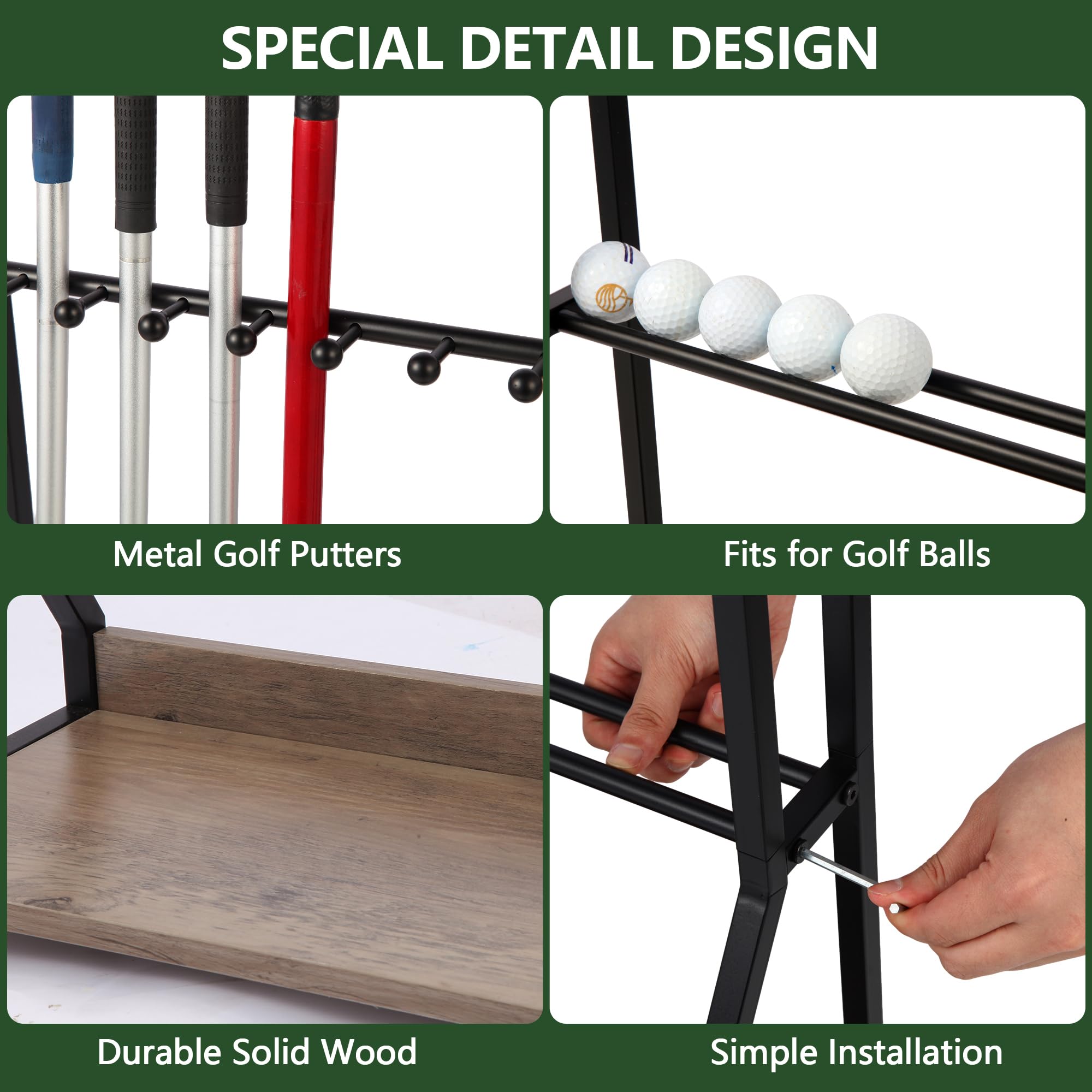 Golfschlägerhalter für 9 Schläger & 9 Bälle, Massivholz & Eisen, Golf-Putterhalter, Bodenständer, Golfschlägerständer, geeignet für Golfsimulatoren, Golfplatzzubehör