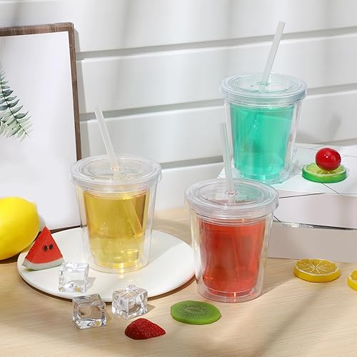 Miniatura 10 de FoldTier 6 vasos transparentes con tapa y popote para niños, vaso de doble pared de acrílico aislado de 12 onzas, vasos reutilizables de plástico