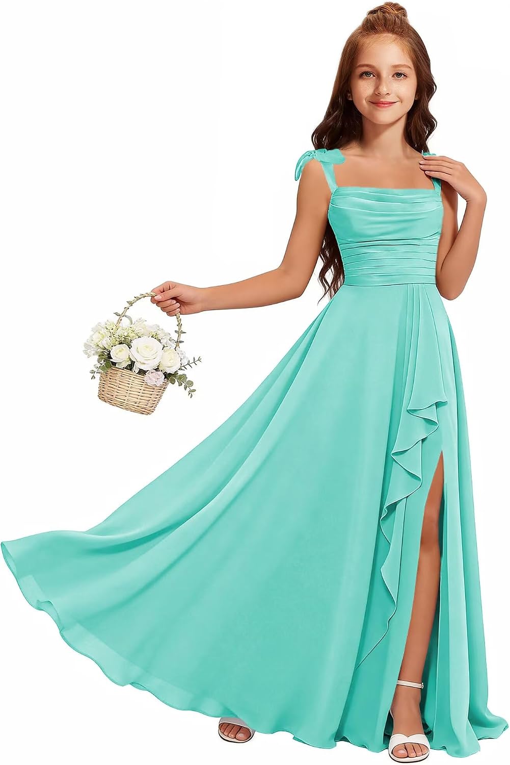 MRHUSH Junior Bridesmaid Dresses for Teen Girls Chiffon Flower Girl Dress Ruffles Wedding Guest Spaghetti Straps Party Gown