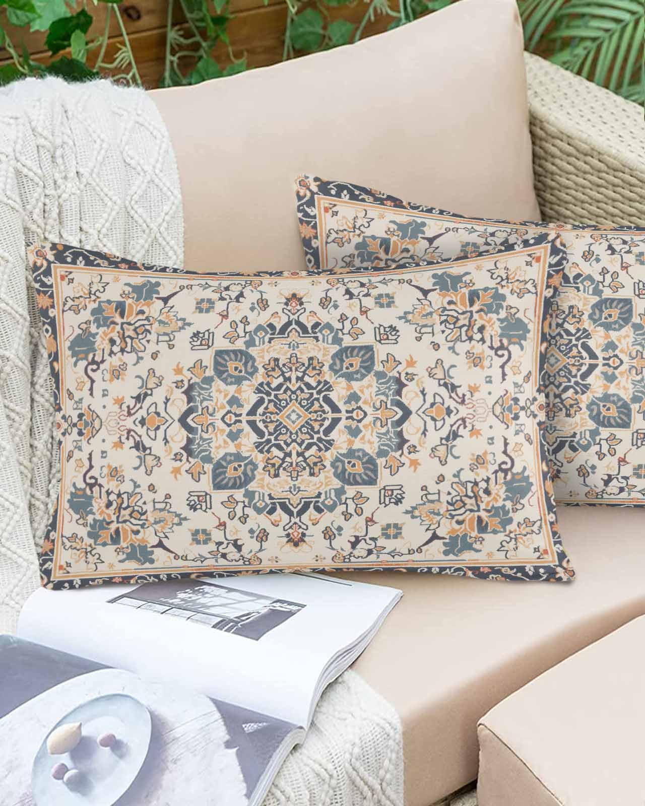 Lumbar Pillow Covers 12 x 20 in, Boho Blue Orange Waterproof Throw Pillow Cover Set of 2, Southwestern Ethnic Vintage Mexican Flowers Home Decorative Rectangle Cushion Covers for Patio/Couch/Garden