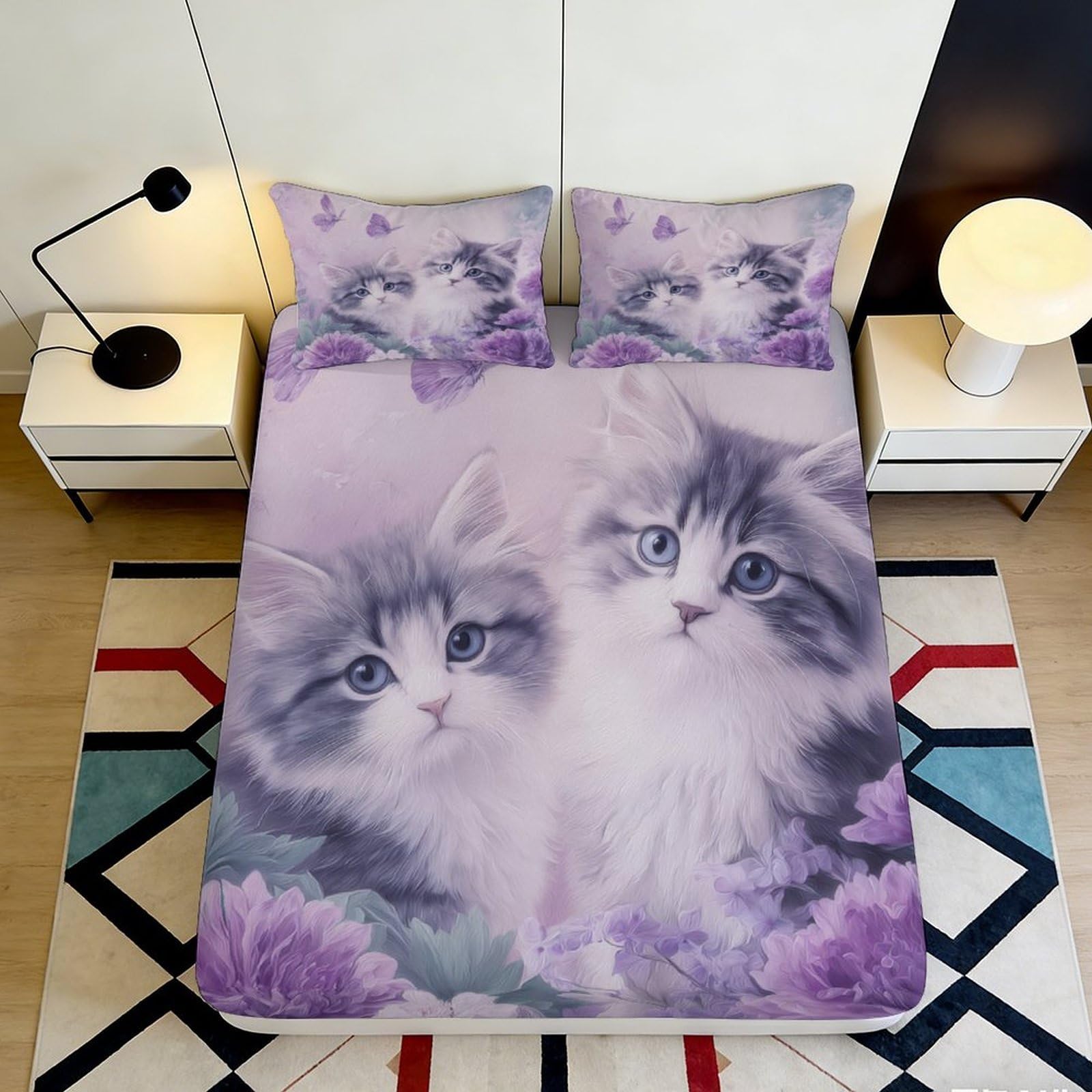 3D Printed Fluffy Kitten Fitted Sheet Microfiber Soft Purple Cat Bed Cover for Bedroom Guest Room Mattress Decor 90x200x25cm